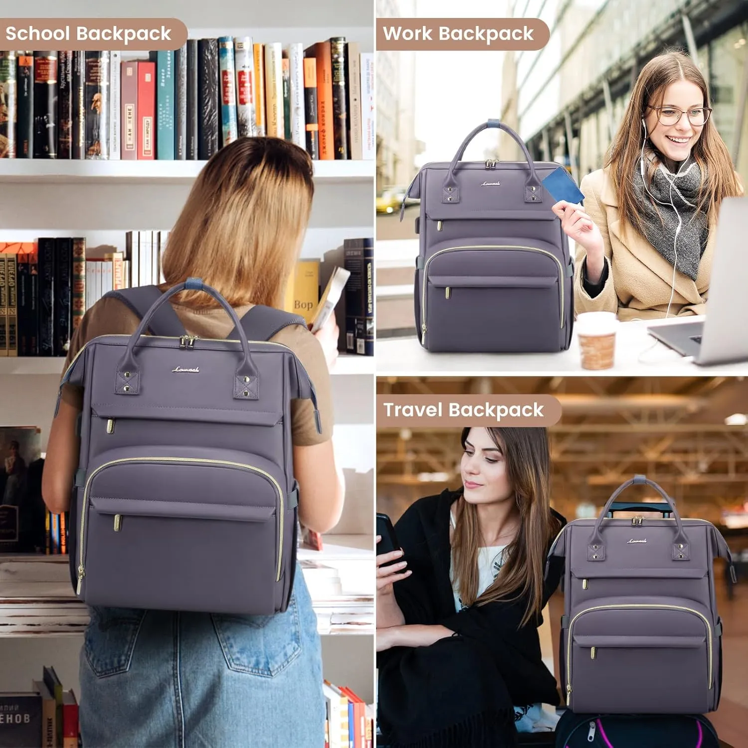 LOVEVOOK Leather Laptop Backpack for Women 15.6 inch,Travel Backpack Purse Nurse Teacher Backpack Computer Laptop Bag,Professional College Business Work Bag Carry On Backpack with USB Port,Grey Purple