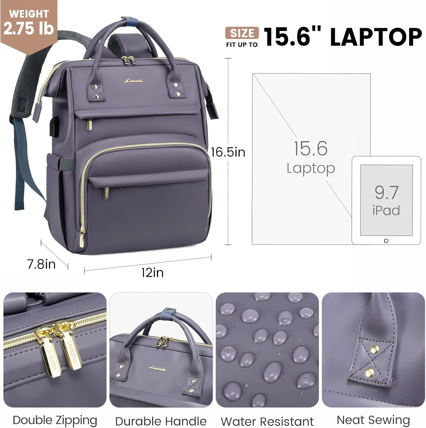 LOVEVOOK Leather Laptop Backpack for Women 15.6 inch,Travel Backpack Purse Nurse Teacher Backpack Computer Laptop Bag,Professional College Business Work Bag Carry On Backpack with USB Port,Grey Purple