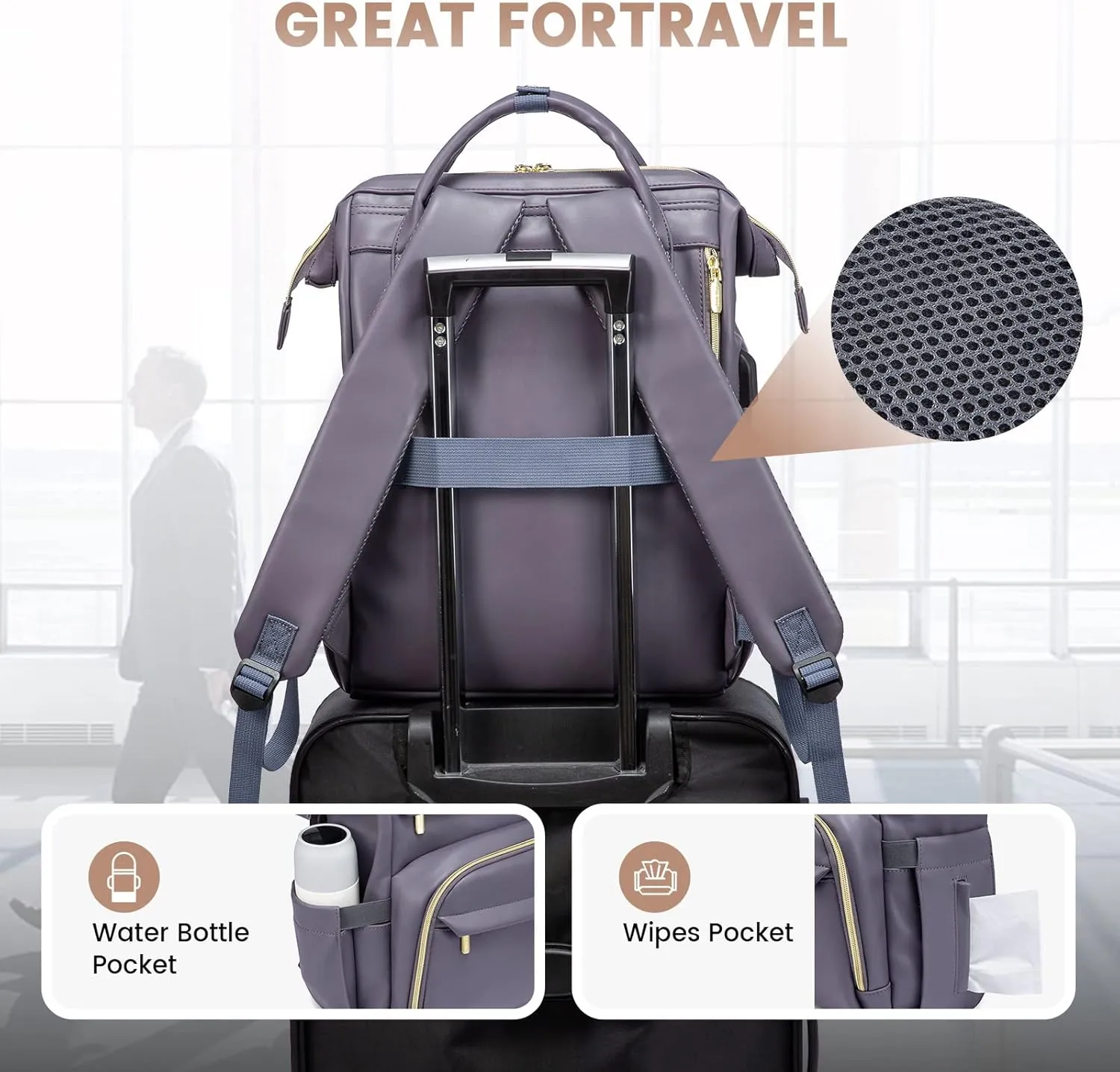 LOVEVOOK Leather Laptop Backpack for Women 15.6 inch,Travel Backpack Purse Nurse Teacher Backpack Computer Laptop Bag,Professional College Business Work Bag Carry On Backpack with USB Port,Grey Purple