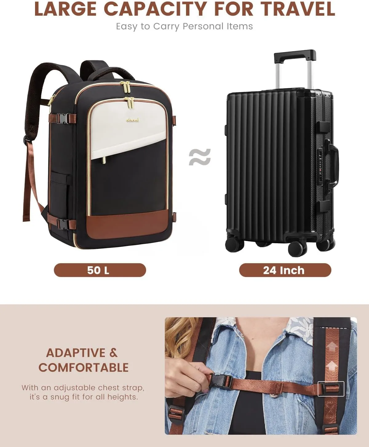 LOVEVOOK Travel Backpack for Women, 50L Carry On Backpack Flight Approved, Large Suitcase Bag for Travel Fits 18.5 inch Laptop, TSA Approved Luggage with 3 Packing Cubes,Waterproof Weekend Backpacks