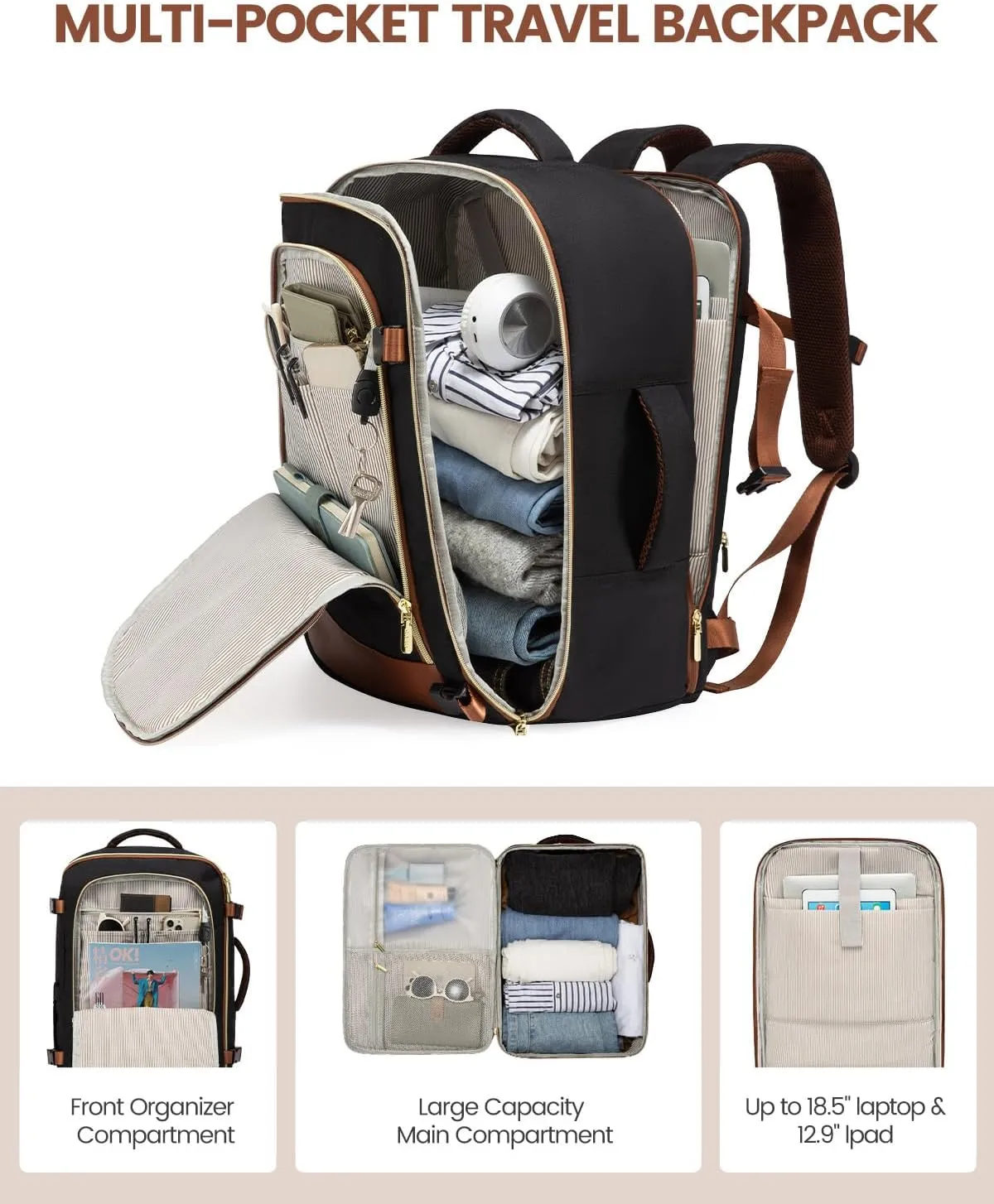 LOVEVOOK Travel Backpack for Women, 50L Carry On Backpack Flight Approved, Large Suitcase Bag for Travel Fits 18.5 inch Laptop, TSA Approved Luggage with 3 Packing Cubes,Waterproof Weekend Backpacks