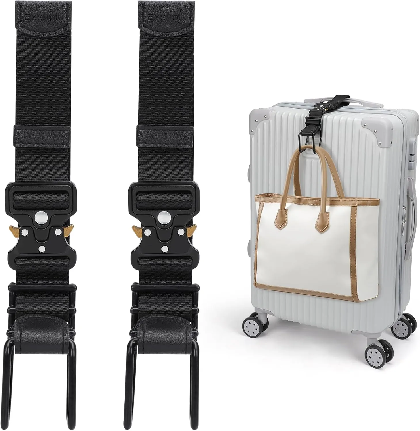 Luggage Hook Strap, J Hook Luggage Strap Flight Attendant with Hands Free, Adjustable Travel Luggage Straps for Add a Bag Hook (Black-2PCS)