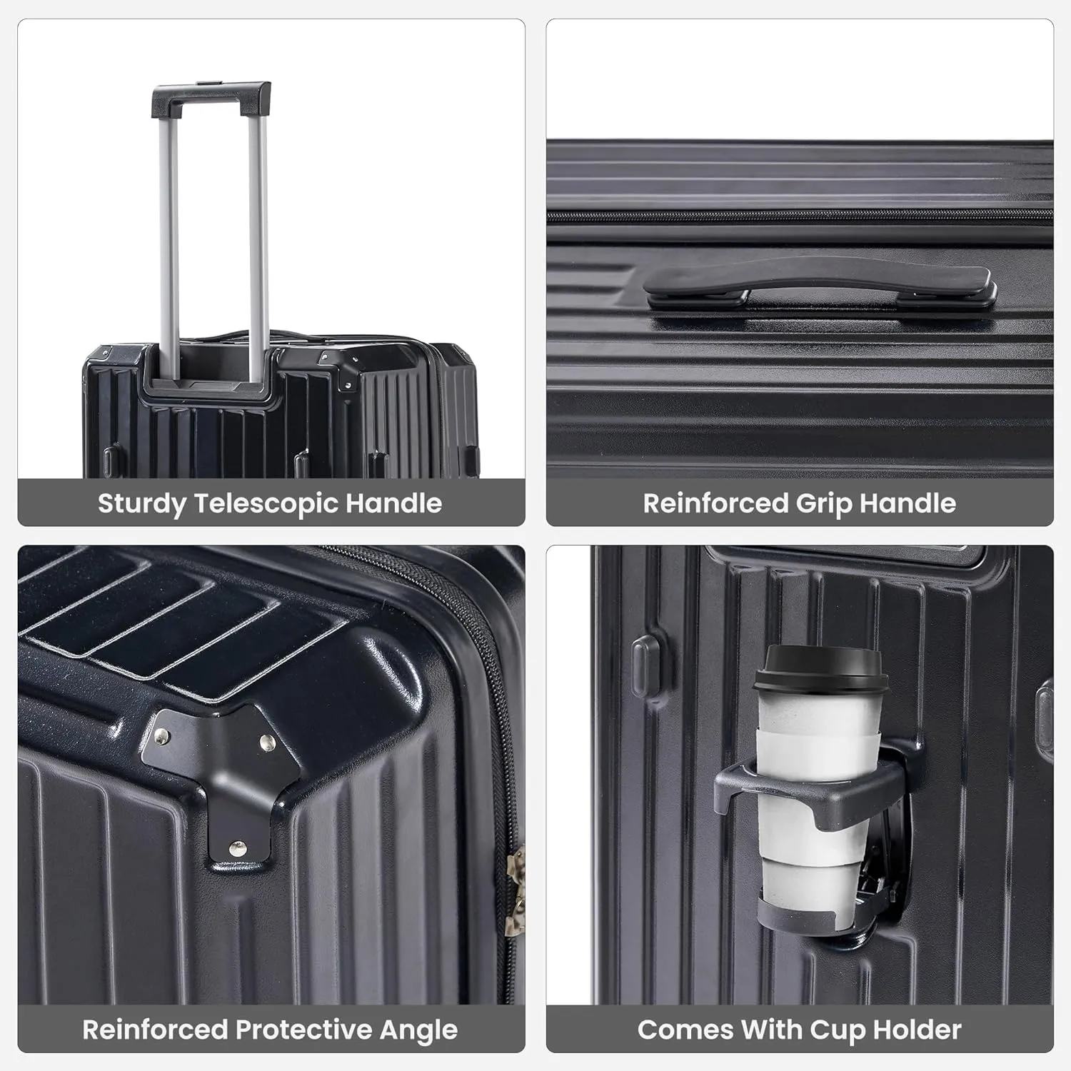 Luggage Sets of 4 Pieces, Travel Luggage Suitcase with TSA Lock, Collapsible Cup Holder, 360 Degree Silent Spinner Wheels for Travel (20"/24"/29"/Travel Bag) Black One Size