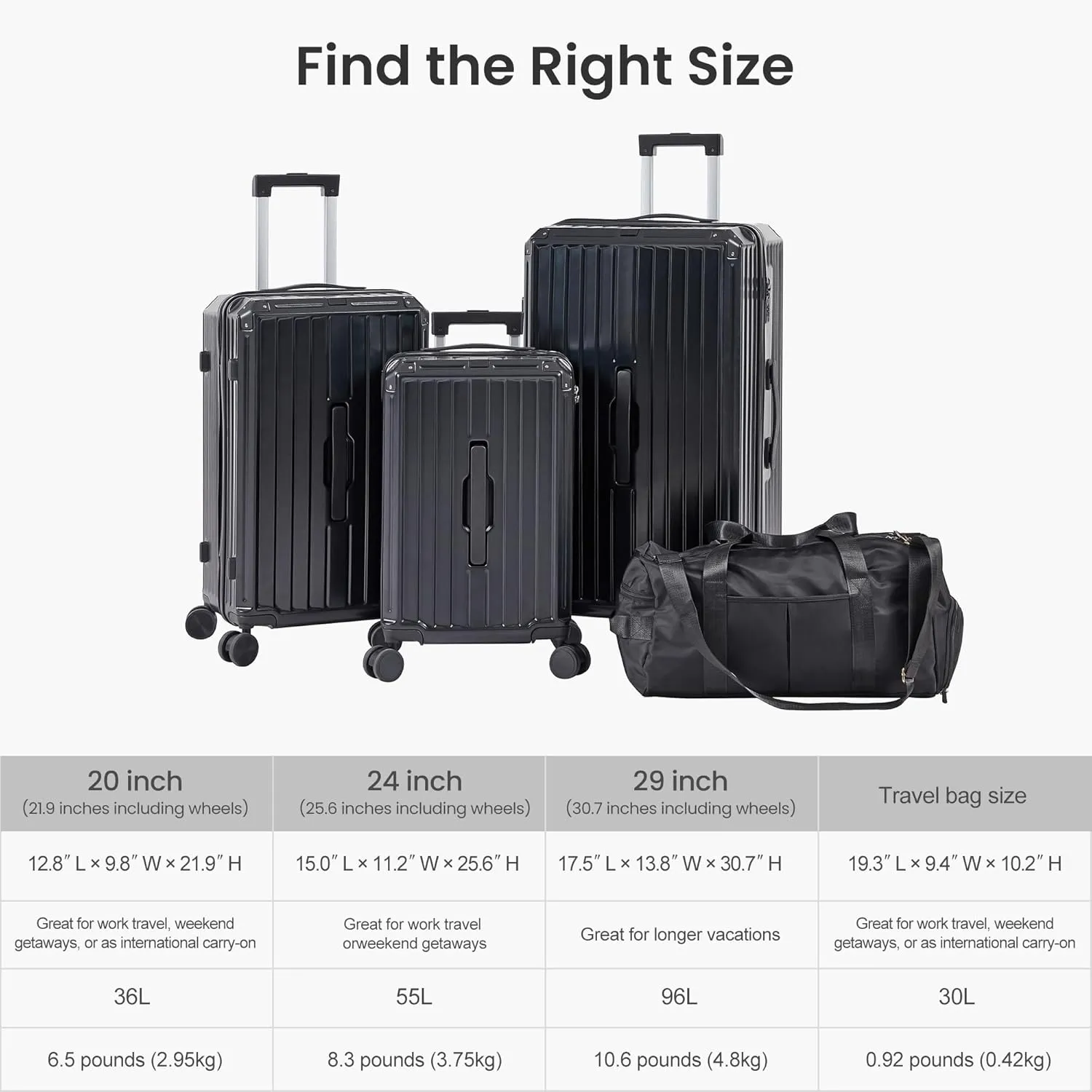 Luggage Sets of 4 Pieces, Travel Luggage Suitcase with TSA Lock, Collapsible Cup Holder, 360 Degree Silent Spinner Wheels for Travel (20"/24"/29"/Travel Bag) Black One Size