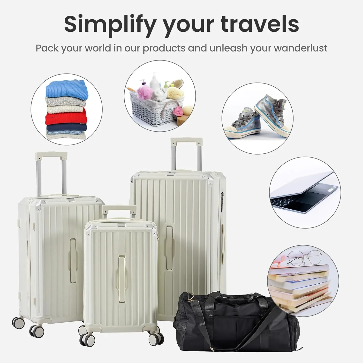 Luggage Sets of 4 Pieces, Travel Luggage Suitcase with TSA Lock, Collapsible Cup Holder, 360 Degree Silent Spinner Wheels for Travel (20"/24"/29"/Travel Bag) White One Size