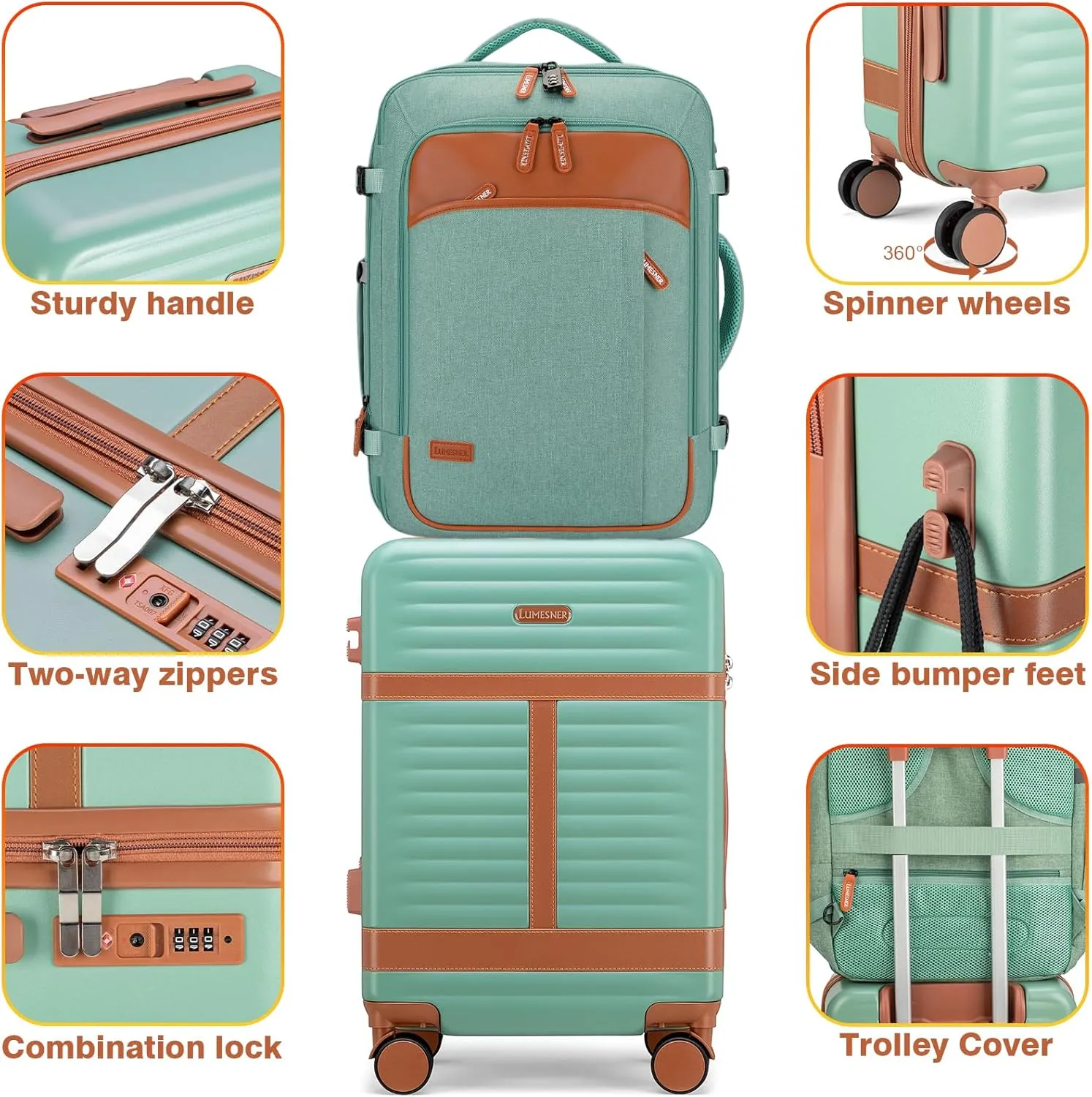 Lumesner Carry on Travel Backpacks, Extra Large 40L Flight Approved for Men & Women,Expandable Suitcase backpack (Green(20inch luggage sets))