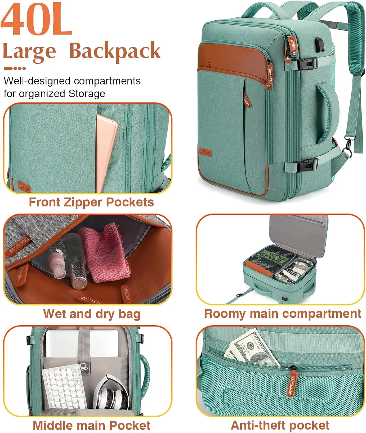 Lumesner Carry on Travel Backpacks, Extra Large 40L Flight Approved for Men & Women,Expandable Suitcase backpack (Green(20inch luggage sets))