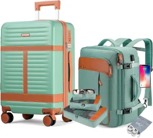 Lumesner Carry on Travel Backpacks, Extra Large 40L Flight Approved for Men & Women,Expandable Suitcase backpack (Green(20inch luggage sets))
