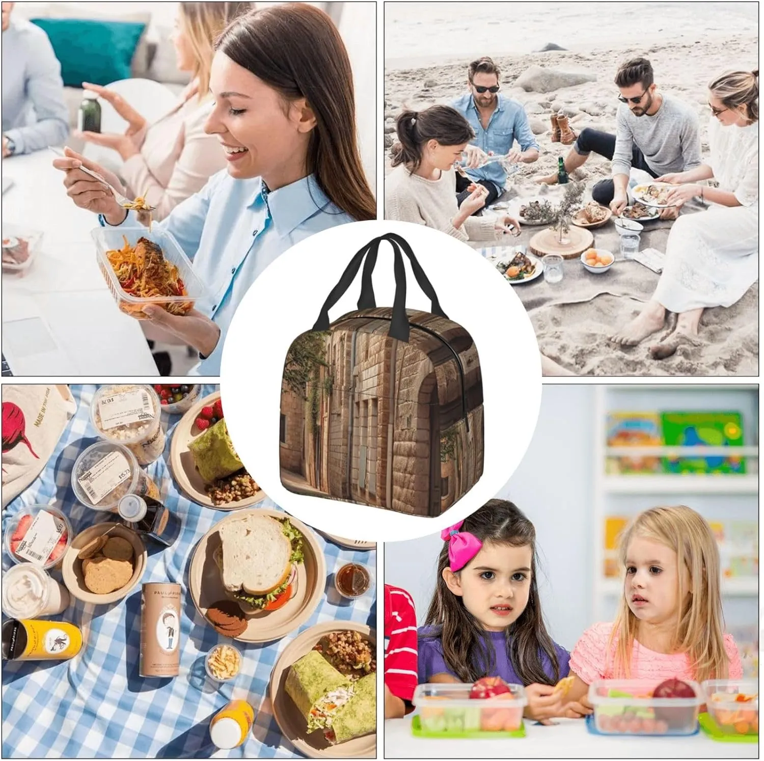 Lunch Bag Lunch Box For Women Men Reusable Insulated Lunch Tote Bag Architecture Streets Houses Leakproof Cooler Bag Portable Cooler Lunch Container For Picnic Travel