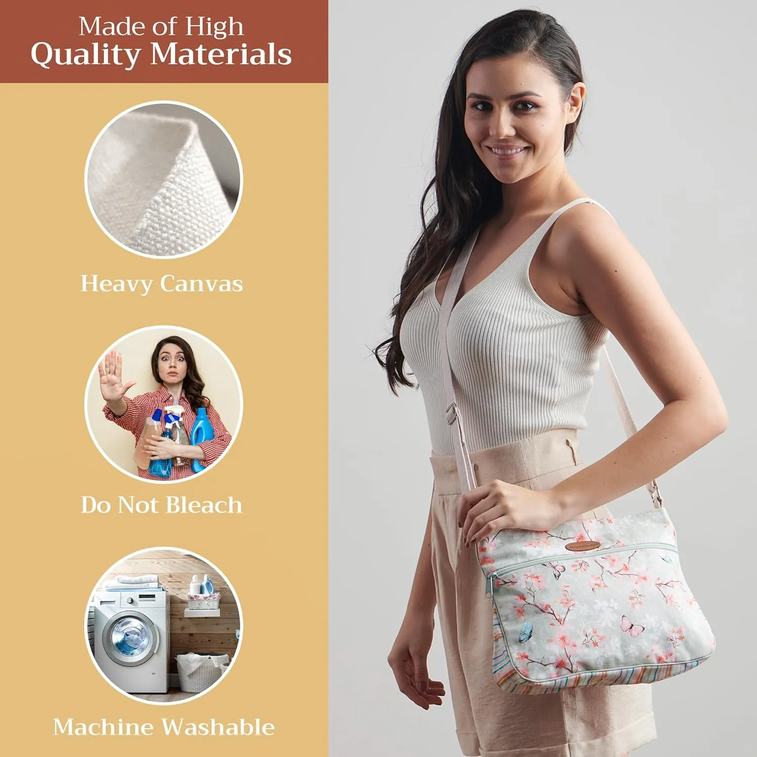 Maison d' Hermine Cross Body Bag Cotton Adjustable Shoulder Strap Hand Bag Tote purse with Zippered & Slip Pockets