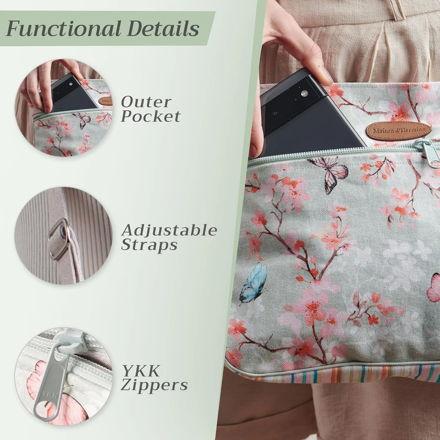 Maison d' Hermine Cross Body Bag Cotton Adjustable Shoulder Strap Hand Bag Tote purse with Zippered & Slip Pockets
