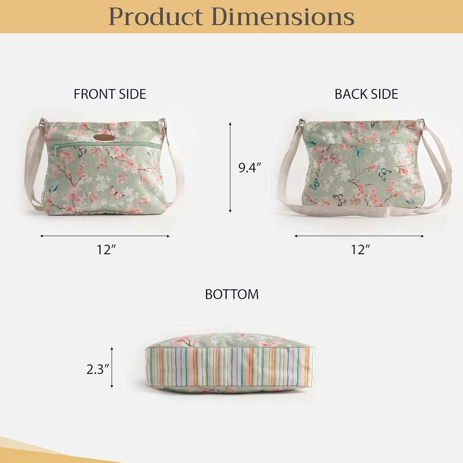 Maison d' Hermine Cross Body Bag Cotton Adjustable Shoulder Strap Hand Bag Tote purse with Zippered & Slip Pockets