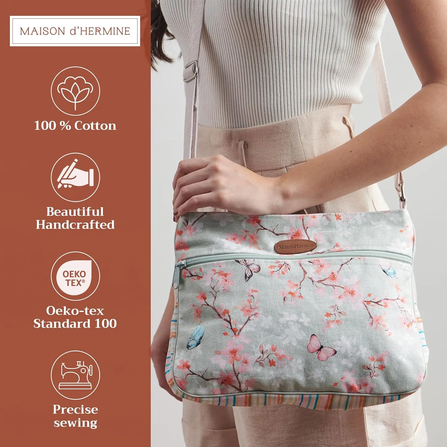 Maison d' Hermine Cross Body Bag Cotton Adjustable Shoulder Strap Hand Bag Tote purse with Zippered & Slip Pockets