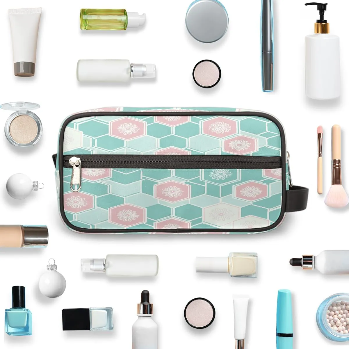 Makeup Bag Organizer, Large Capacity Cosmetic Travel Toiletry Bag with Zipper, Pastel Hexagon Floral Geometric Pattern Portable Make Up Pouch for Women Men