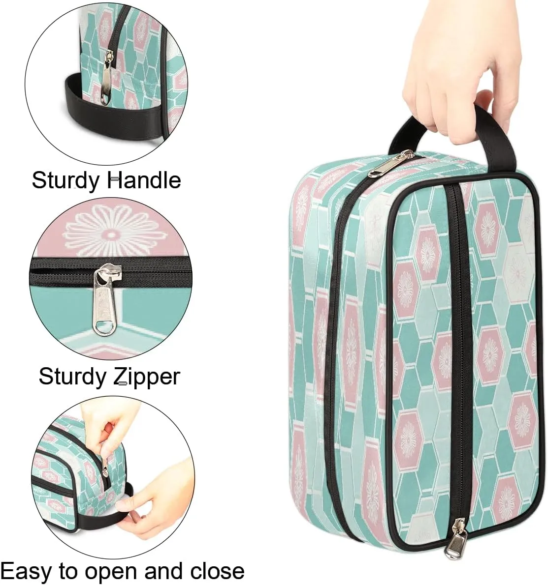 Makeup Bag Organizer, Large Capacity Cosmetic Travel Toiletry Bag with Zipper, Pastel Hexagon Floral Geometric Pattern Portable Make Up Pouch for Women Men