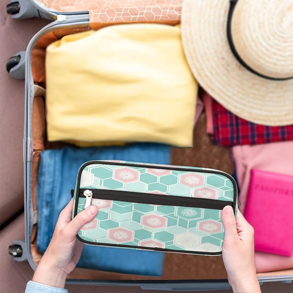 Makeup Bag Organizer, Large Capacity Cosmetic Travel Toiletry Bag with Zipper, Pastel Hexagon Floral Geometric Pattern Portable Make Up Pouch for Women Men