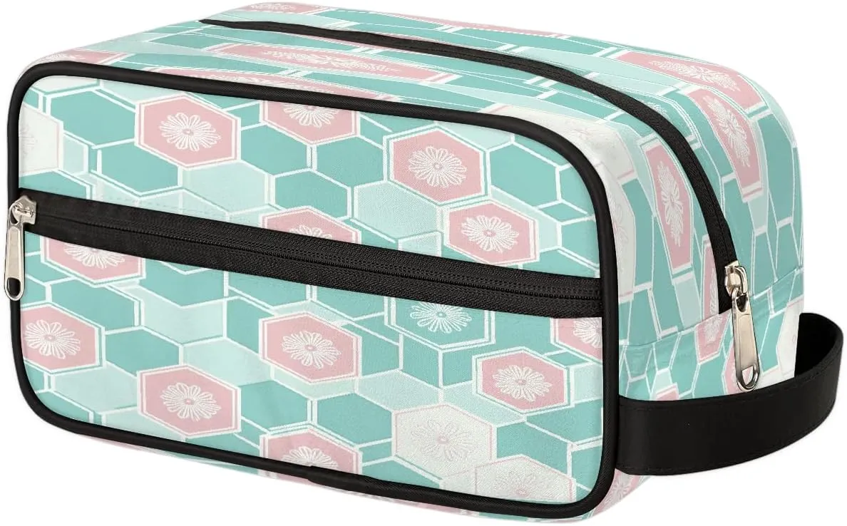 Makeup Bag Organizer, Large Capacity Cosmetic Travel Toiletry Bag with Zipper, Pastel Hexagon Floral Geometric Pattern Portable Make Up Pouch for Women Men