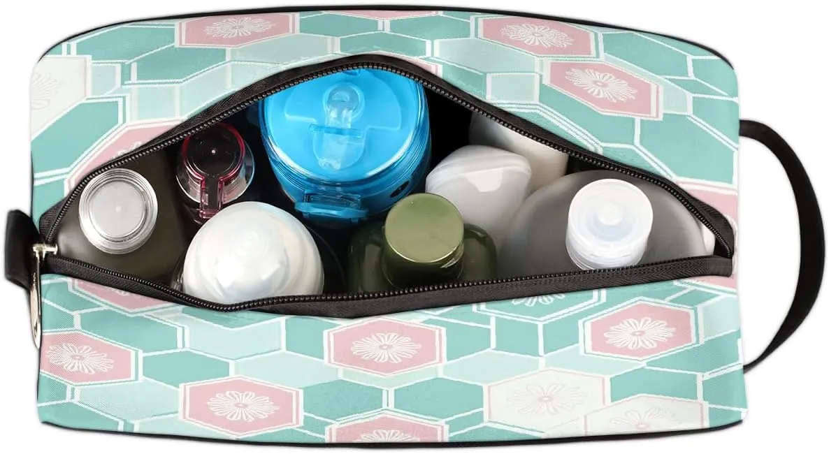 Makeup Bag Organizer, Large Capacity Cosmetic Travel Toiletry Bag with Zipper, Pastel Hexagon Floral Geometric Pattern Portable Make Up Pouch for Women Men