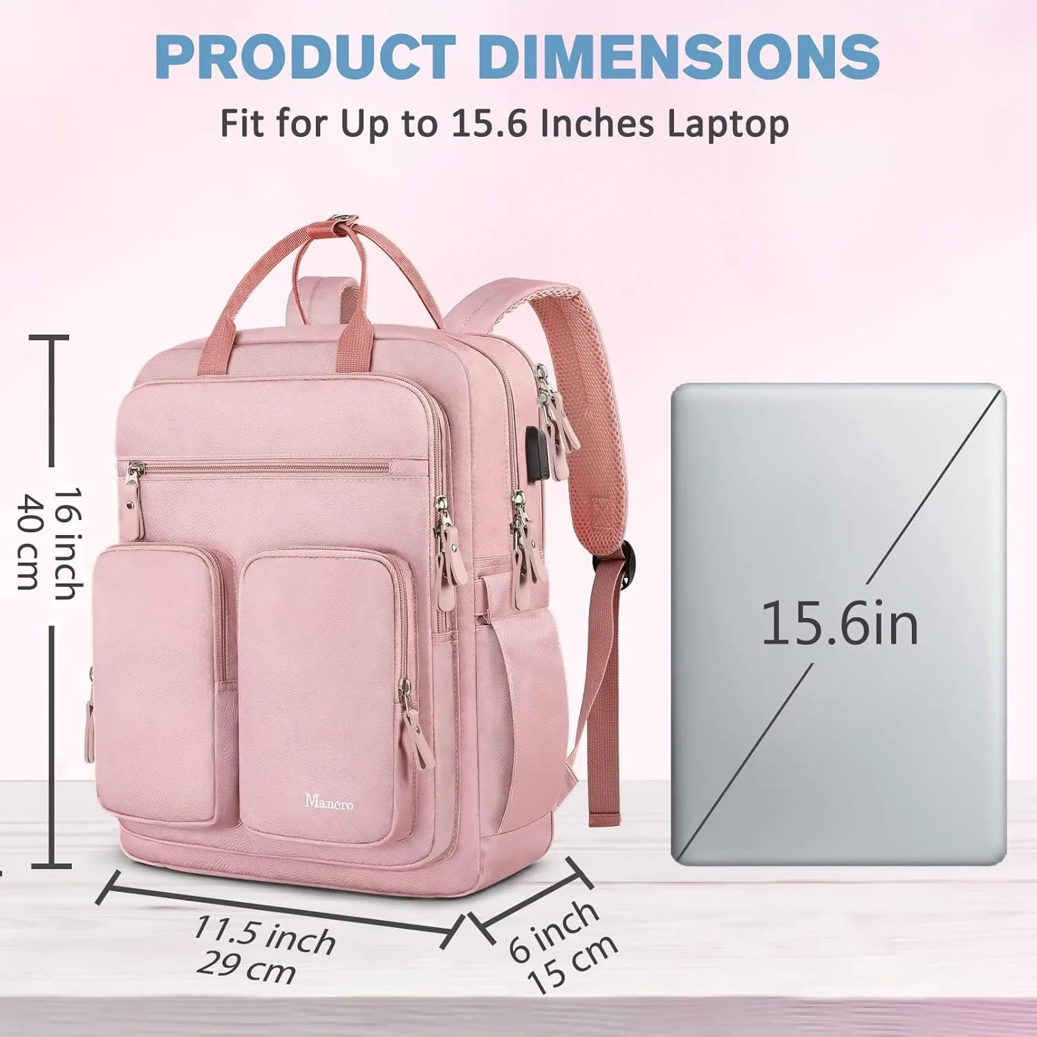 Mancro Travel Backpack Women, Laptop Backpack with Wet Dry Pocket, Large Cpacity TSA Design Backpack with USB Charging Port, Pink