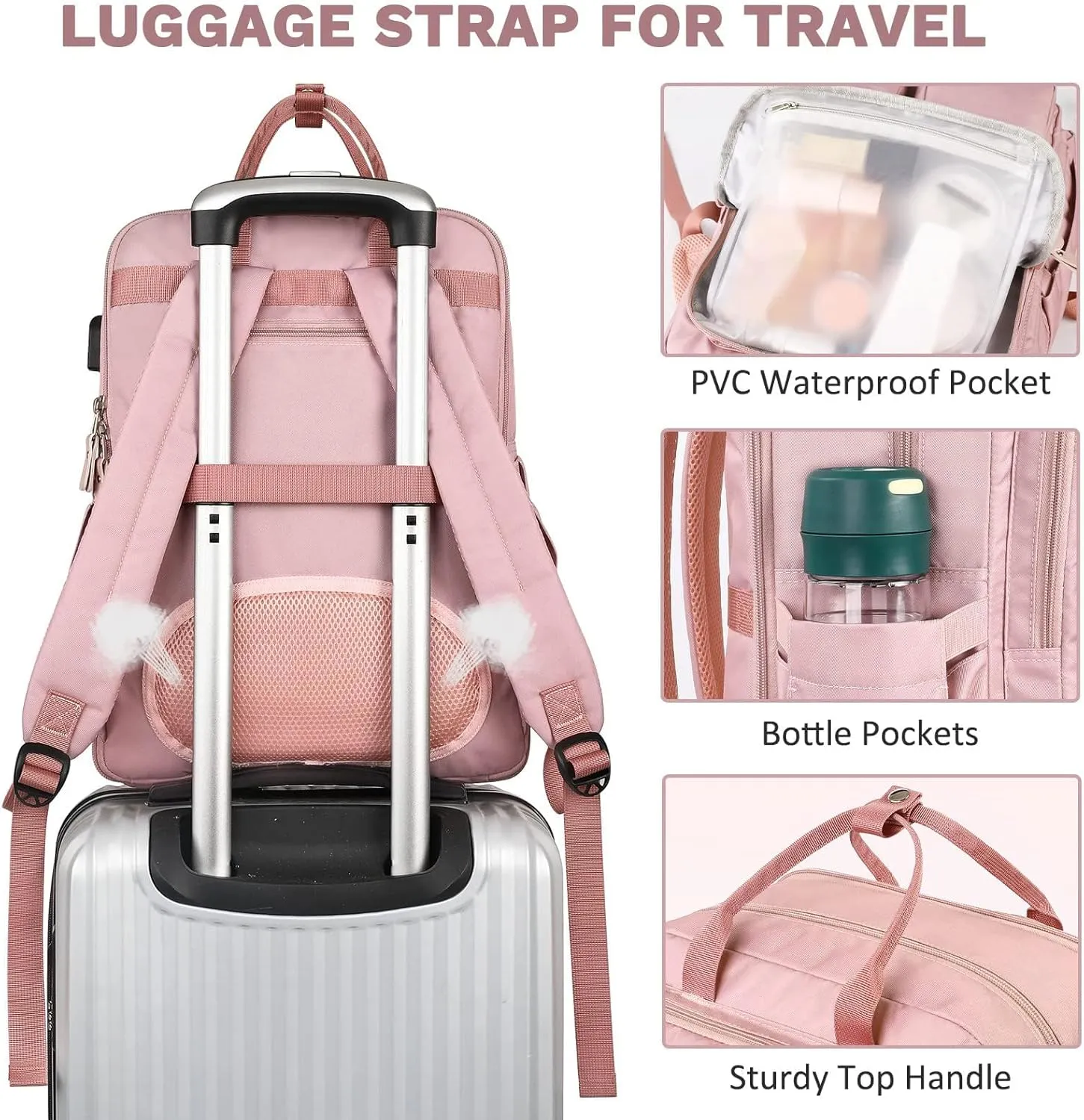 Mancro Travel Backpack Women, Laptop Backpack with Wet Dry Pocket, Large Cpacity TSA Design Backpack with USB Charging Port, Pink