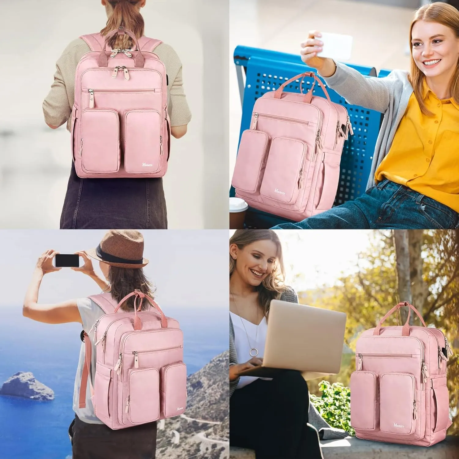 Mancro Travel Backpack Women, Laptop Backpack with Wet Dry Pocket, Large Cpacity TSA Design Backpack with USB Charging Port, Pink