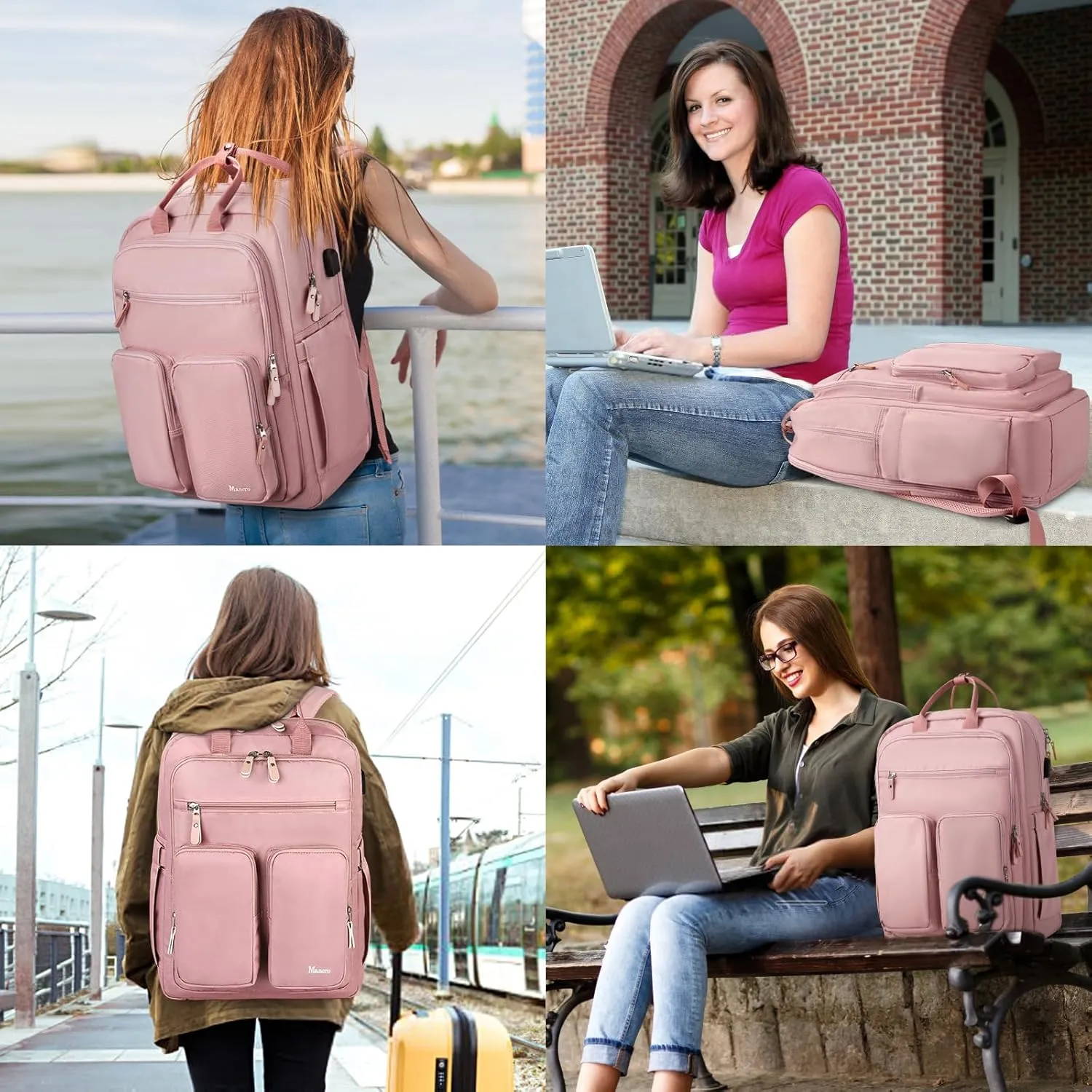 Mancro Travel Backpack Women, Laptop Backpack with Wet Dry Pocket, Large Cpacity TSA Design Backpack with USB Charging Port, Pink