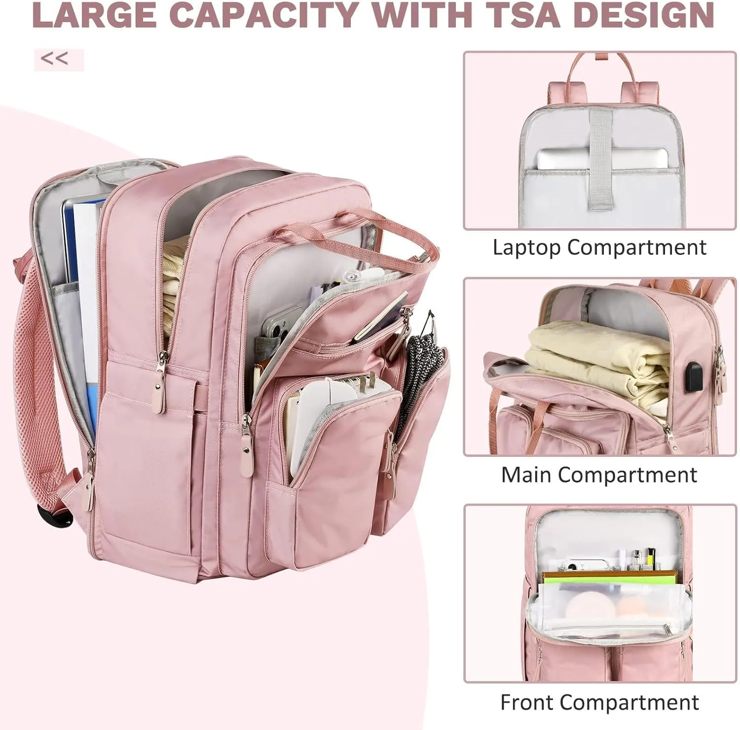 Mancro Travel Backpack Women, Laptop Backpack with Wet Dry Pocket, Large Cpacity TSA Design Backpack with USB Charging Port, Pink