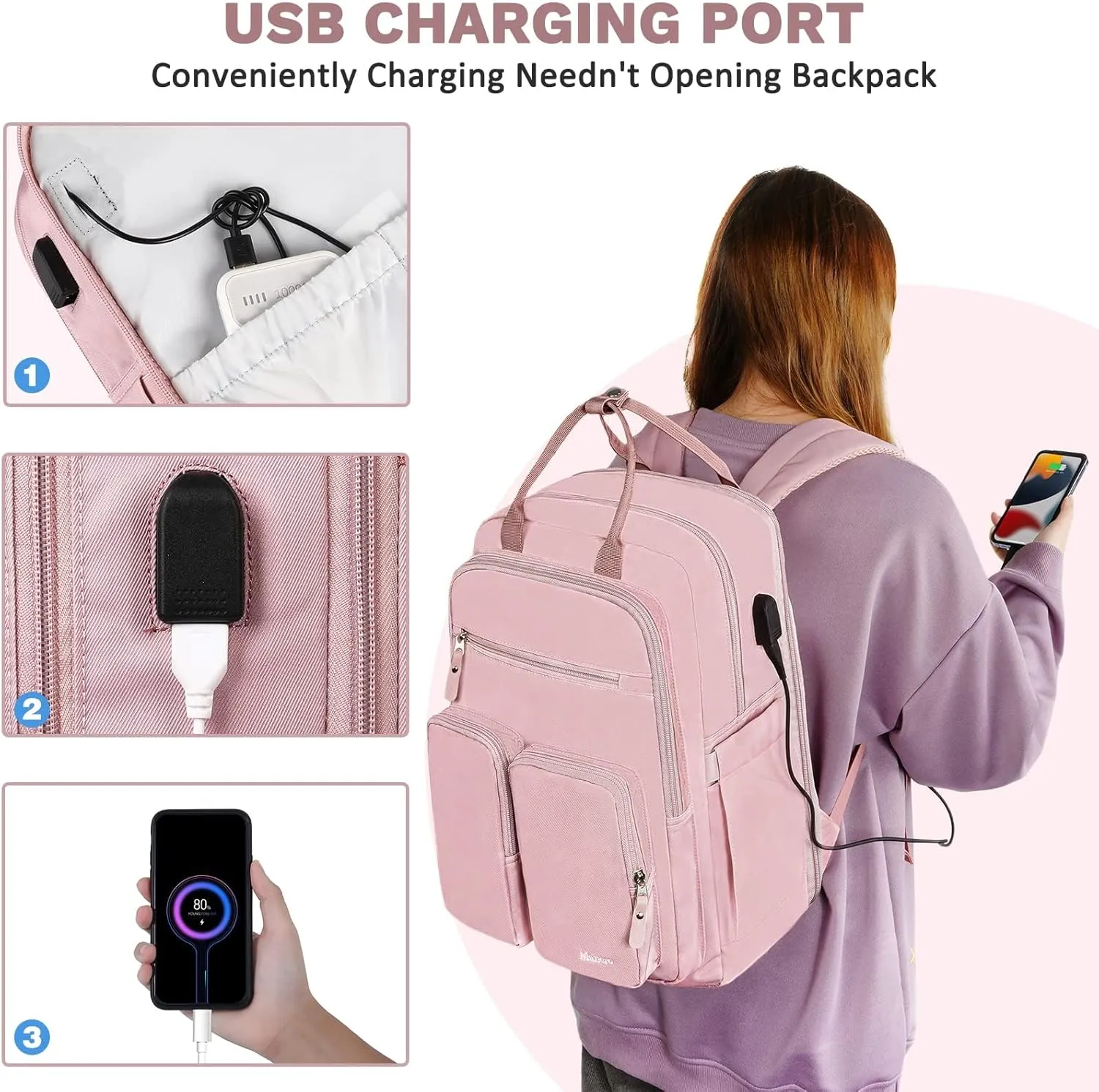 Mancro Travel Backpack Women, Laptop Backpack with Wet Dry Pocket, Large Cpacity TSA Design Backpack with USB Charging Port, Pink