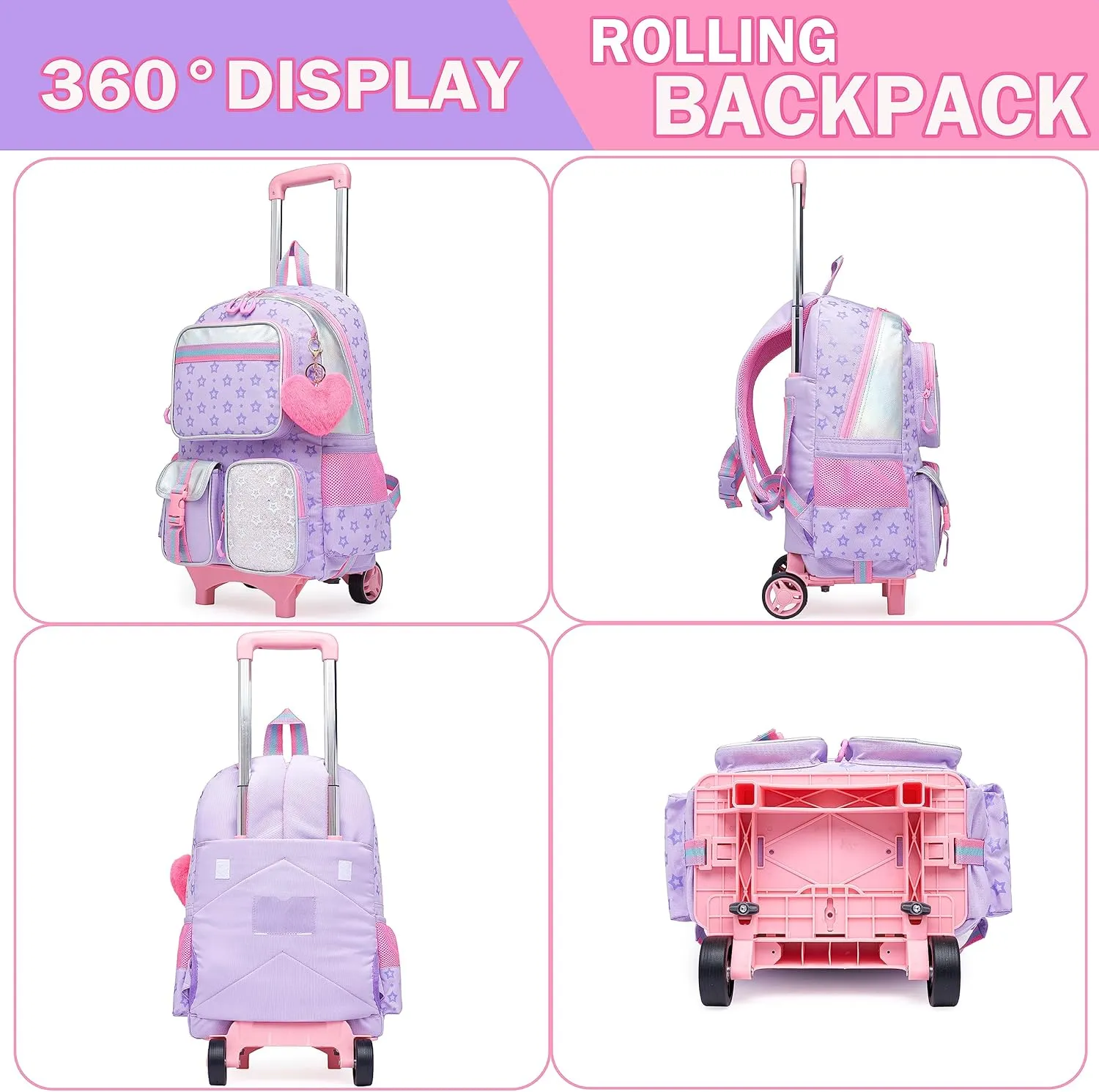 Meetbelify Backpack with Wheels for Girls Rolling Backpack Cute Carry on Backpack for Elementary Student