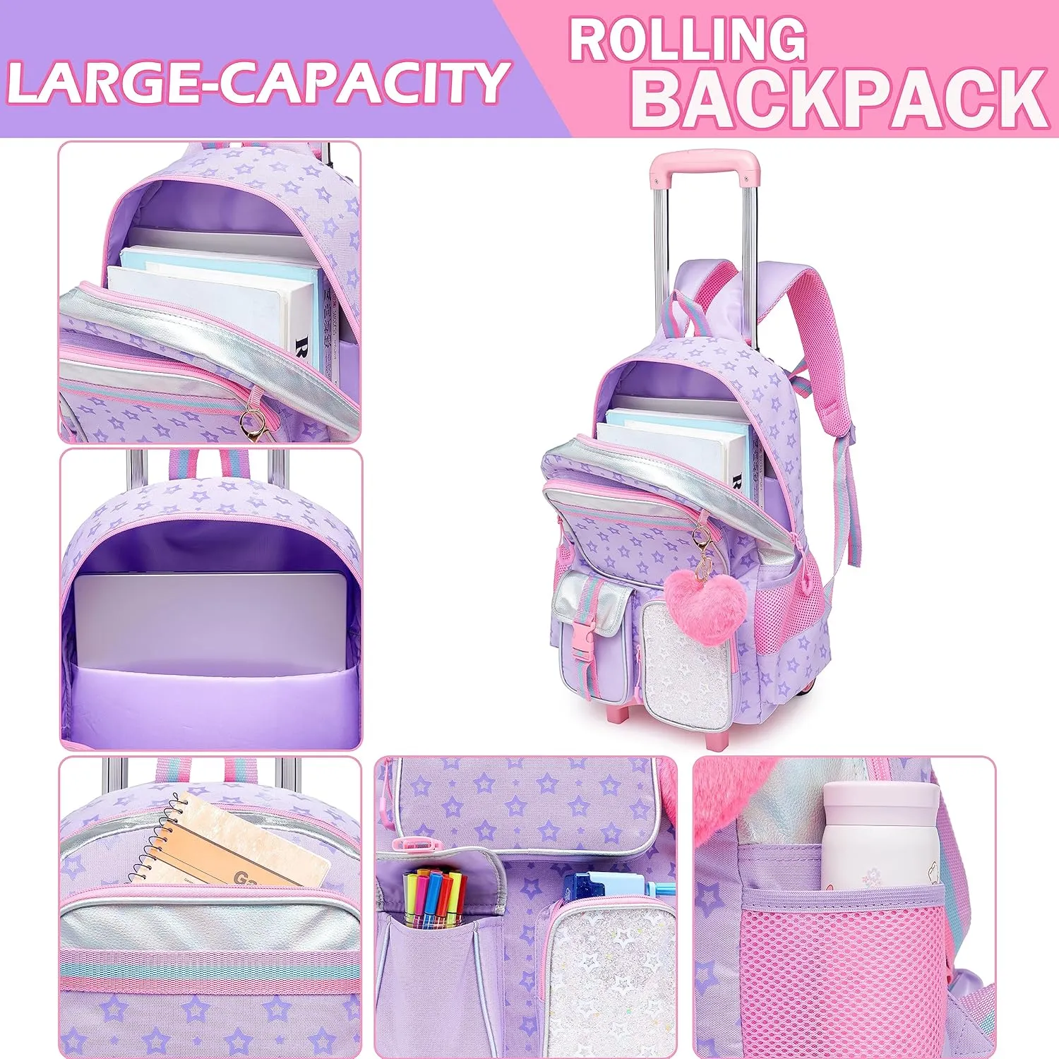 Meetbelify Backpack with Wheels for Girls Rolling Backpack Cute Carry on Backpack for Elementary Student