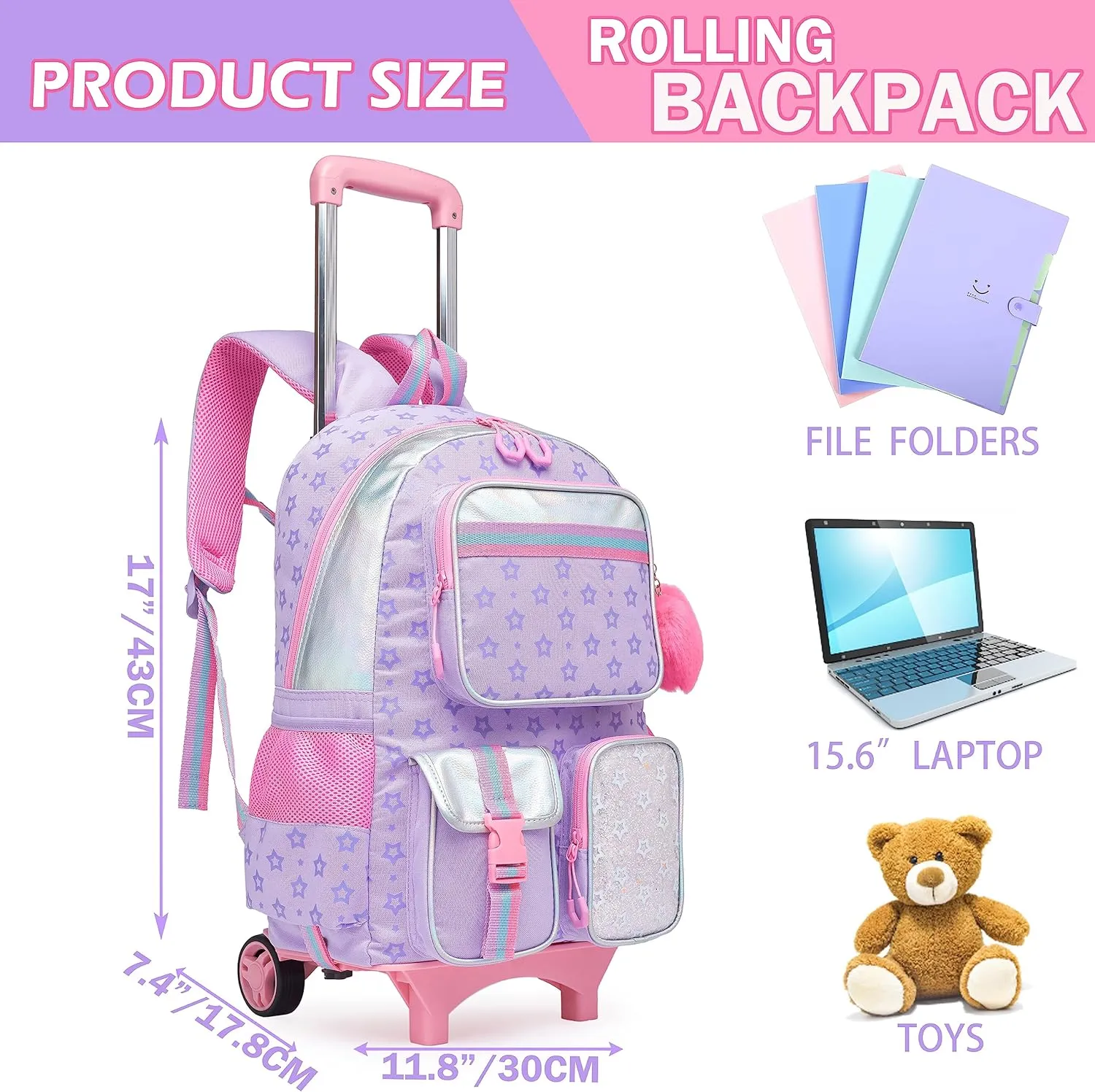 Meetbelify Backpack with Wheels for Girls Rolling Backpack Cute Carry on Backpack for Elementary Student