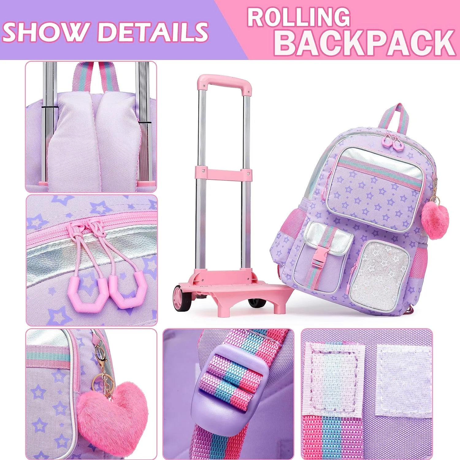 Meetbelify Backpack with Wheels for Girls Rolling Backpack Cute Carry on Backpack for Elementary Student