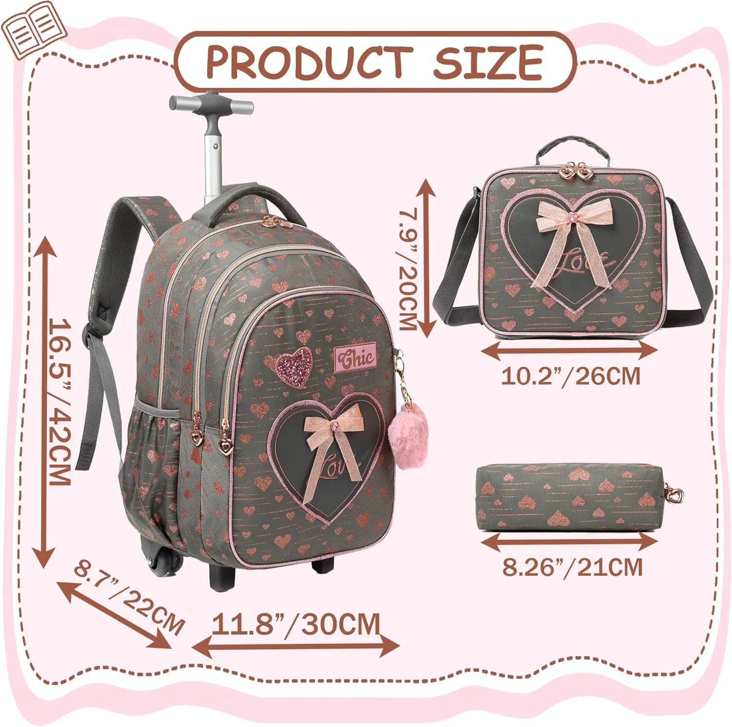 Meetbelify Girls Rolling Backpack Kids Backpacks with Wheels for Elementary Students Carry on Backpack with Lunch Box Travel Suitcase Trip Luggage for Girls Ages 6-8