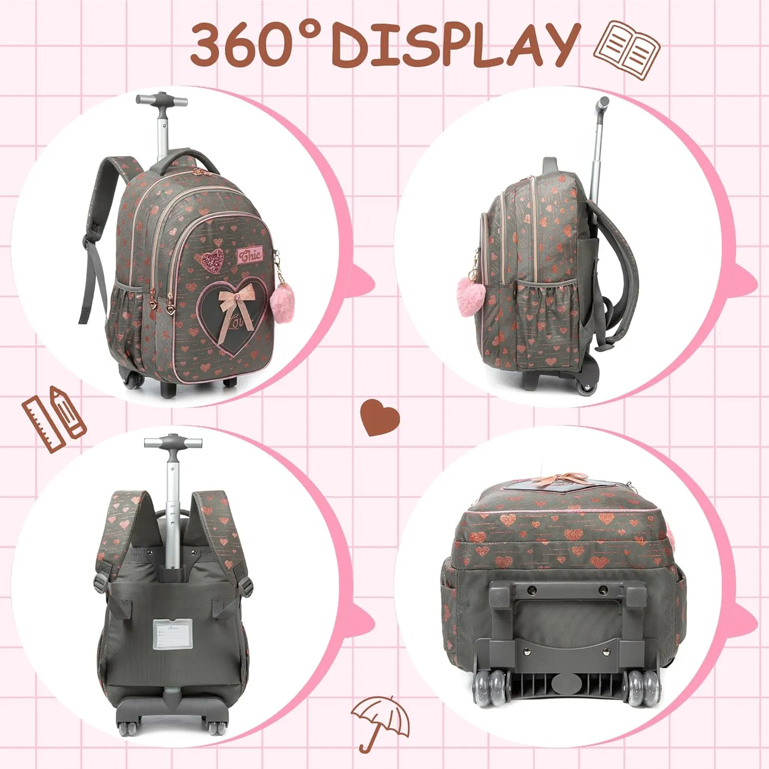 Meetbelify Girls Rolling Backpack Kids Backpacks with Wheels for Elementary Students Carry on Backpack with Lunch Box Travel Suitcase Trip Luggage for Girls Ages 6-8
