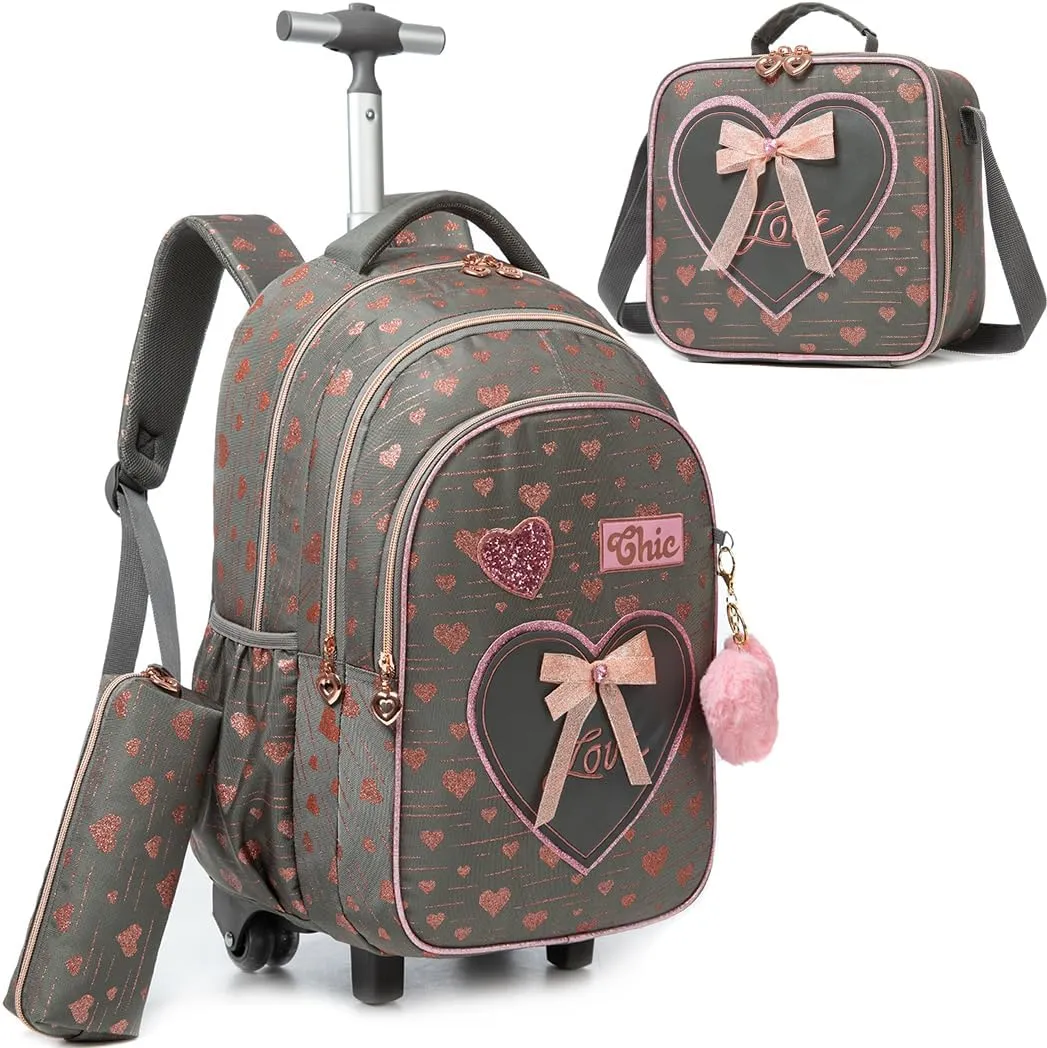 Meetbelify Girls Rolling Backpack Kids Backpacks with Wheels for Elementary Students Carry on Backpack with Lunch Box Travel Suitcase Trip Luggage for Girls Ages 6-8