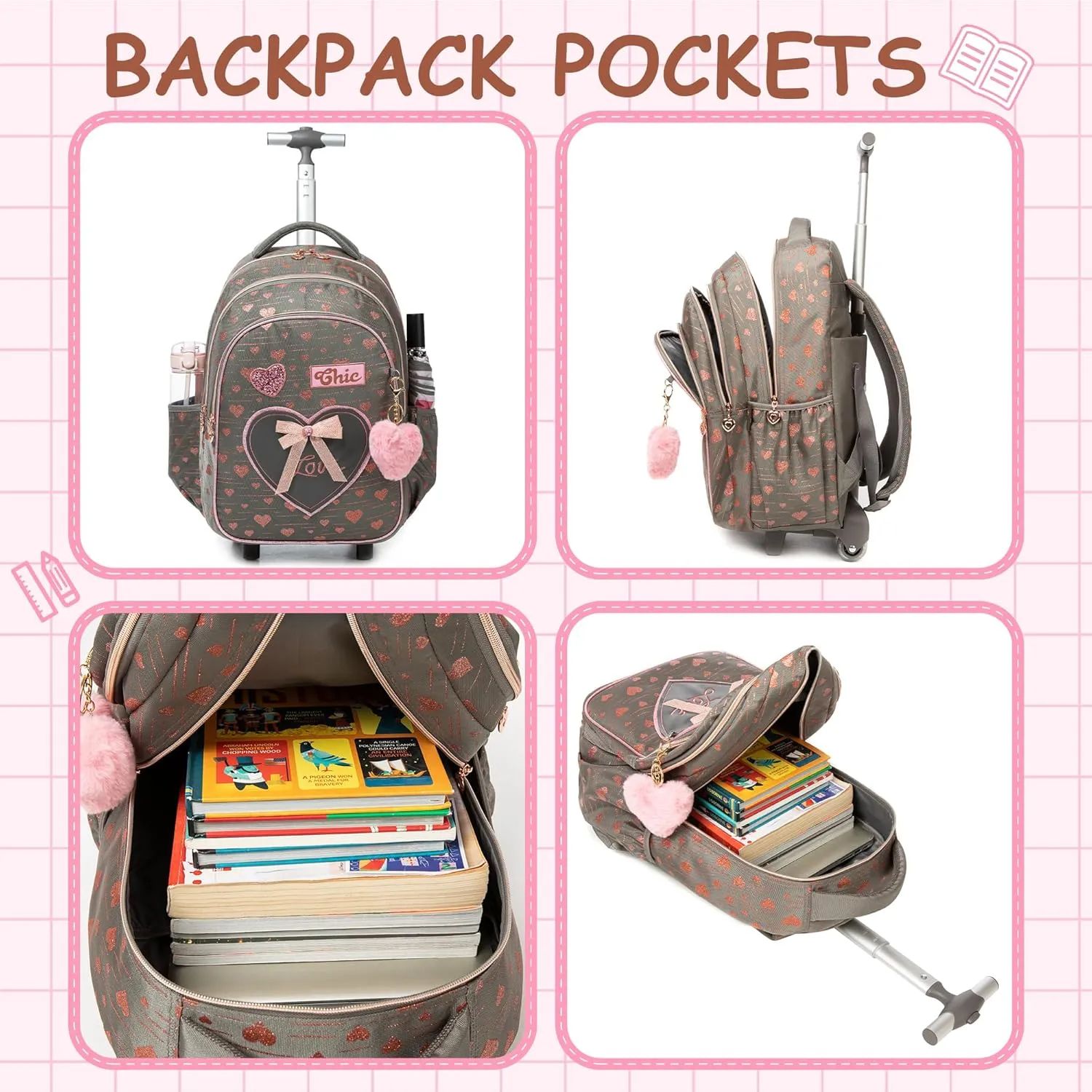 Meetbelify Girls Rolling Backpack Kids Backpacks with Wheels for Elementary Students Carry on Backpack with Lunch Box Travel Suitcase Trip Luggage for Girls Ages 6-8