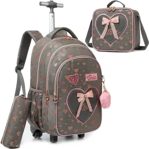 Meetbelify Girls Rolling Backpack Kids Backpacks with Wheels for Elementary Students Carry on Backpack with Lunch Box Travel Suitcase Trip Luggage for Girls Ages 6-8