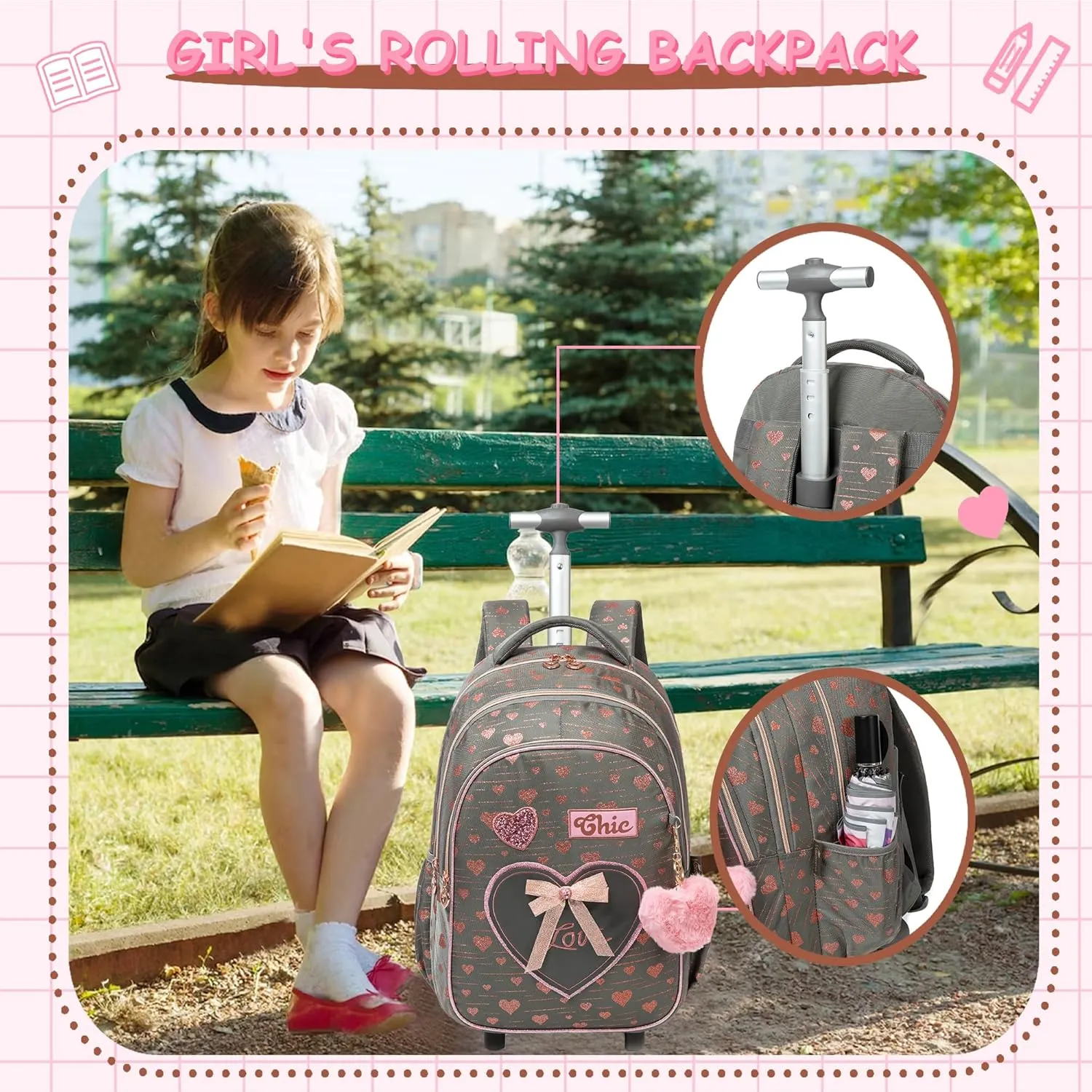 Meetbelify Girls Rolling Backpack Kids Backpacks with Wheels for Elementary Students Carry on Backpack with Lunch Box Travel Suitcase Trip Luggage for Girls Ages 6-8