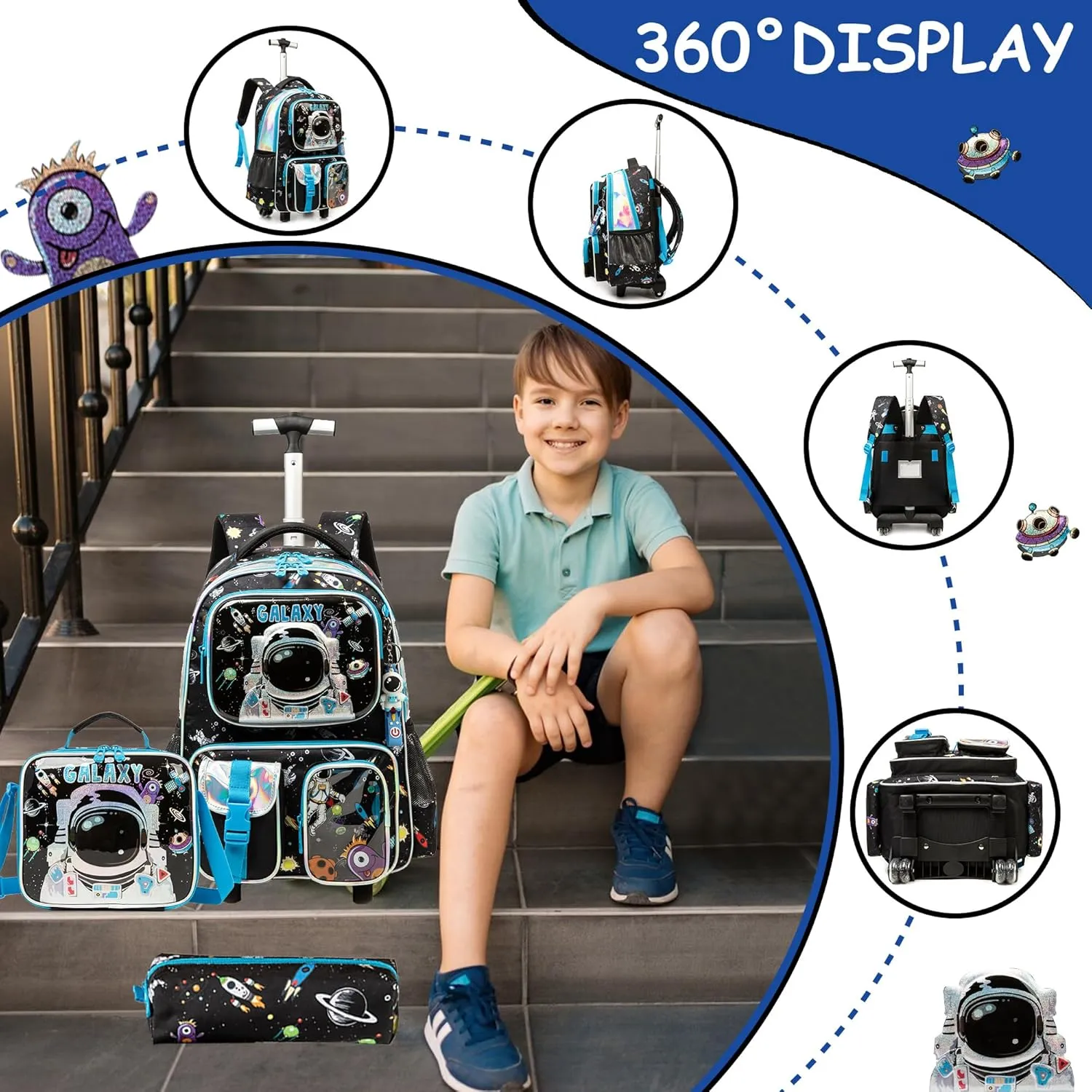 Meetbelify Kids Rolling Backpack with Wheels for Boys Rolling Backpacks with Lunch Box for Elementary School Students 3 in 1 Travel Luggage Suitcase for Boys Age 8-10