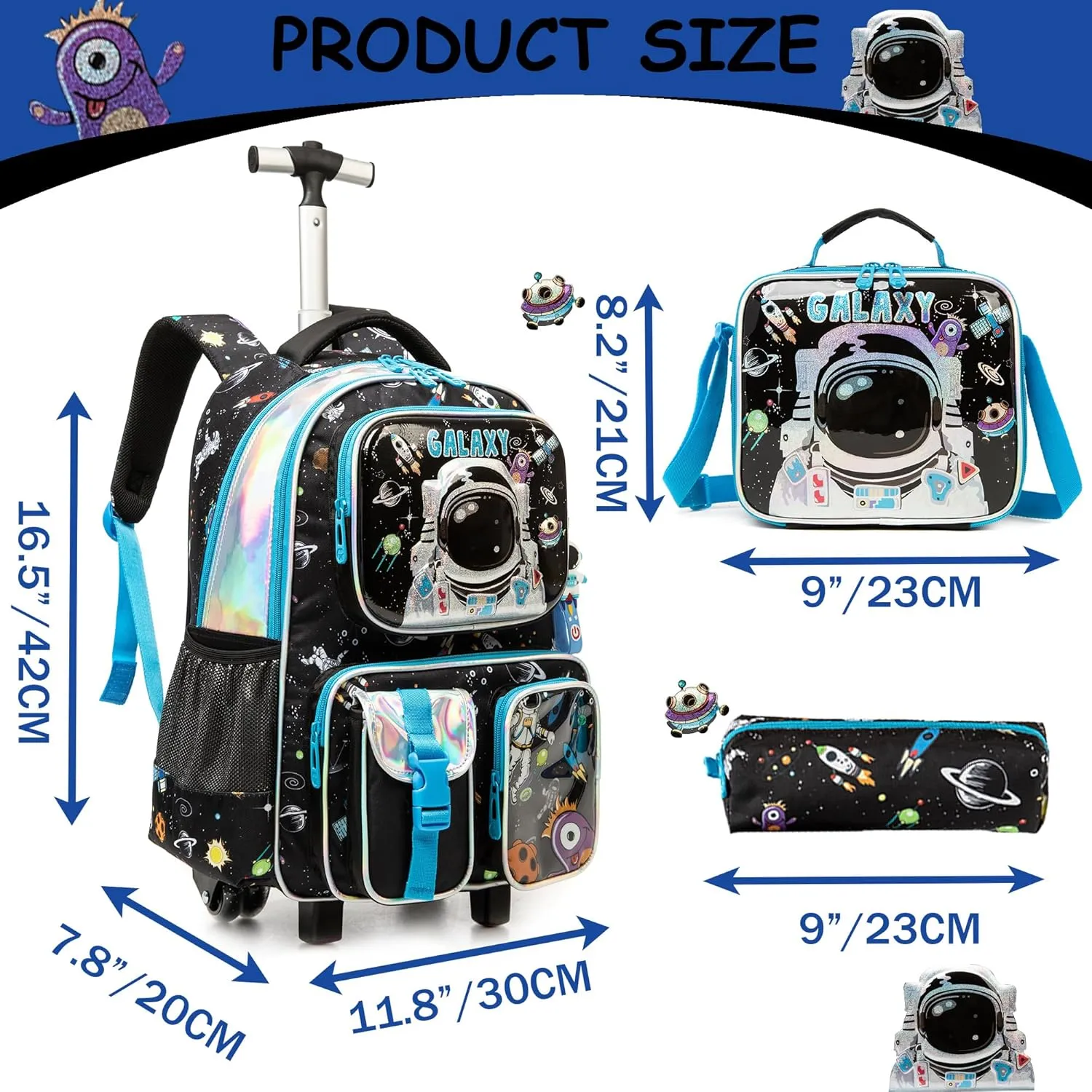 Meetbelify Kids Rolling Backpack with Wheels for Boys Rolling Backpacks with Lunch Box for Elementary School Students 3 in 1 Travel Luggage Suitcase for Boys Age 8-10