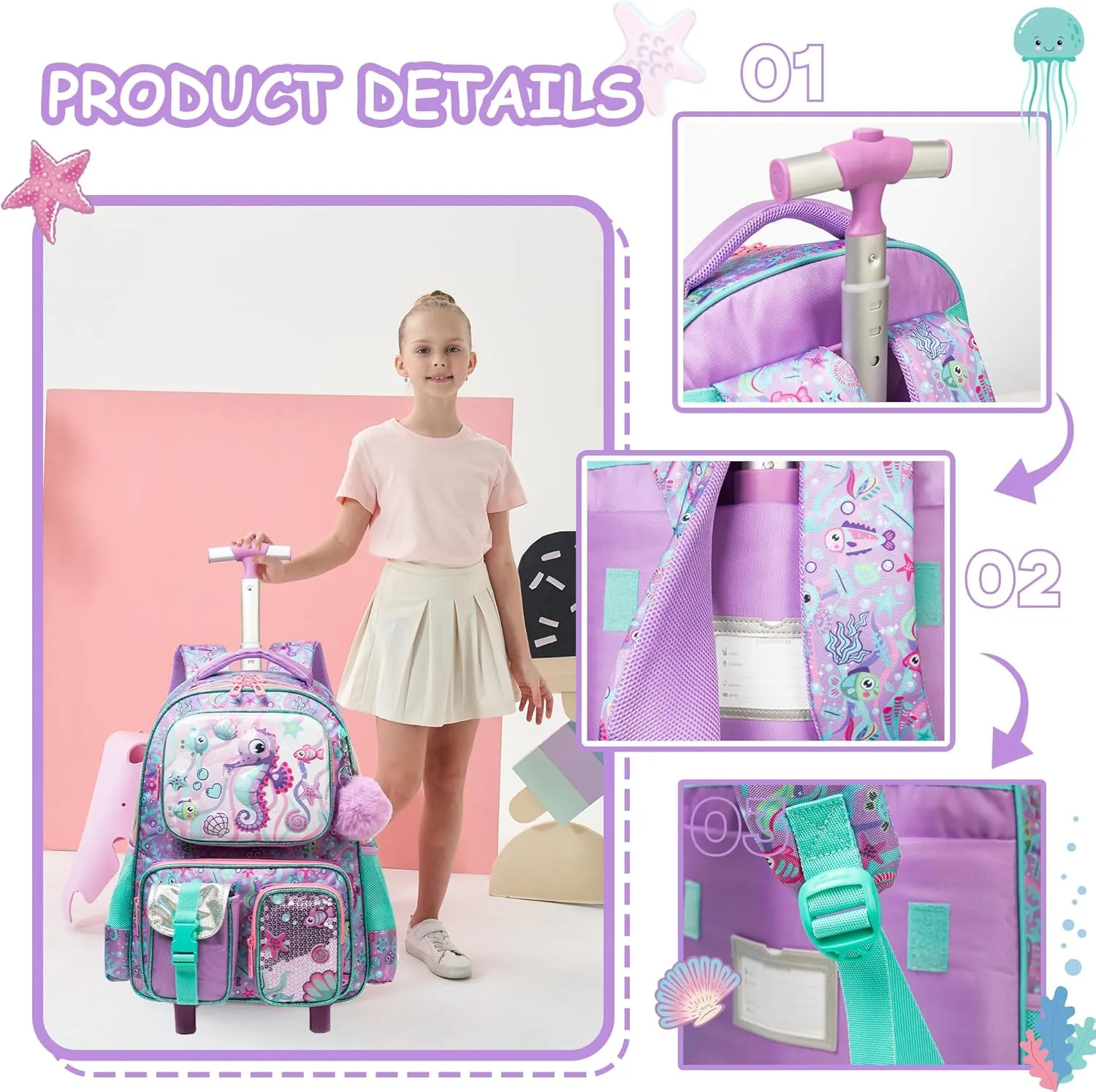Meetbelify Kids Rolling Backpack with Wheels for Girls Rolling Backpacks with Lunch Box for Elementary School Students 3 in 1 Travel Luggage Suitcase for Girls Age 8-10