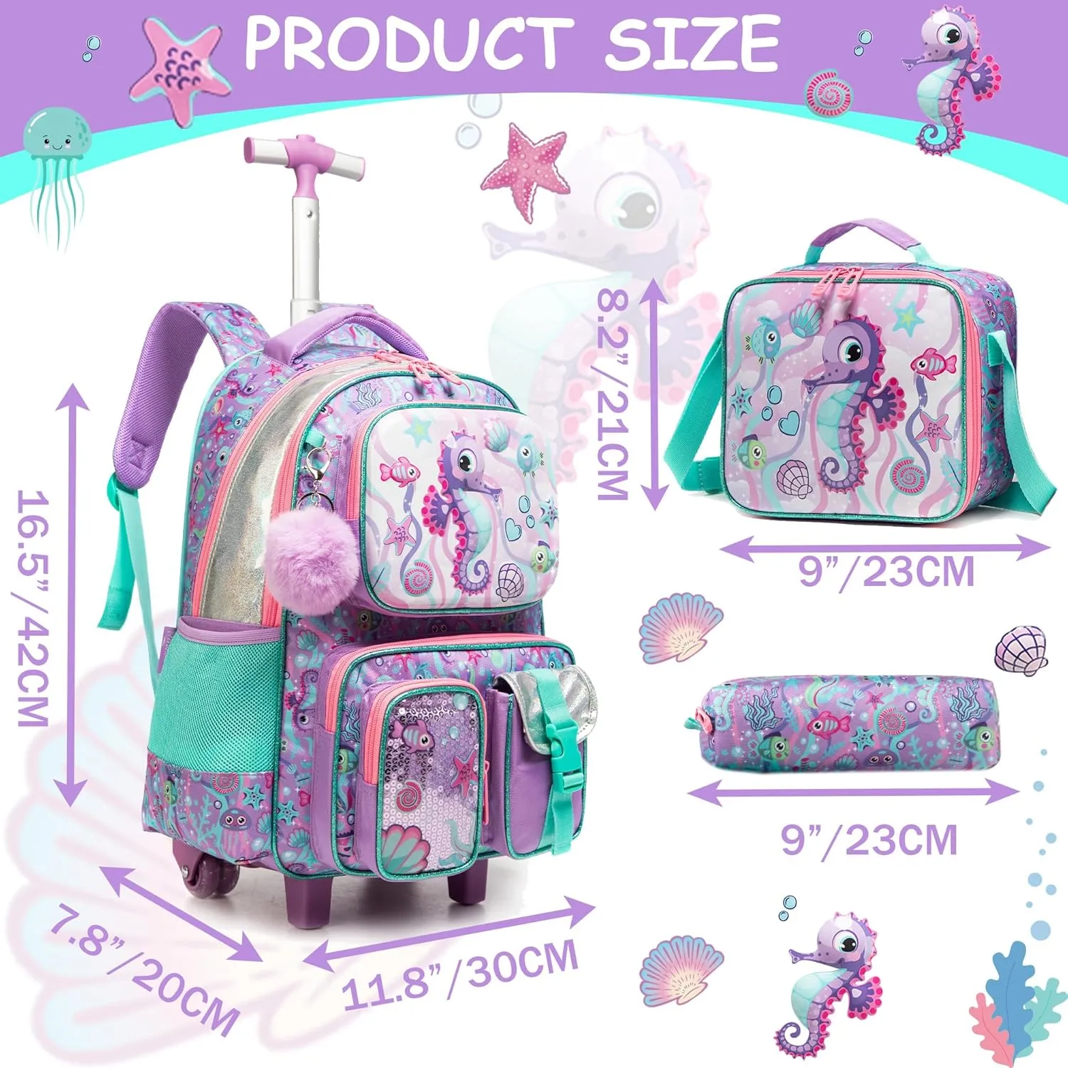 Meetbelify Kids Rolling Backpack with Wheels for Girls Rolling Backpacks with Lunch Box for Elementary School Students 3 in 1 Travel Luggage Suitcase for Girls Age 8-10