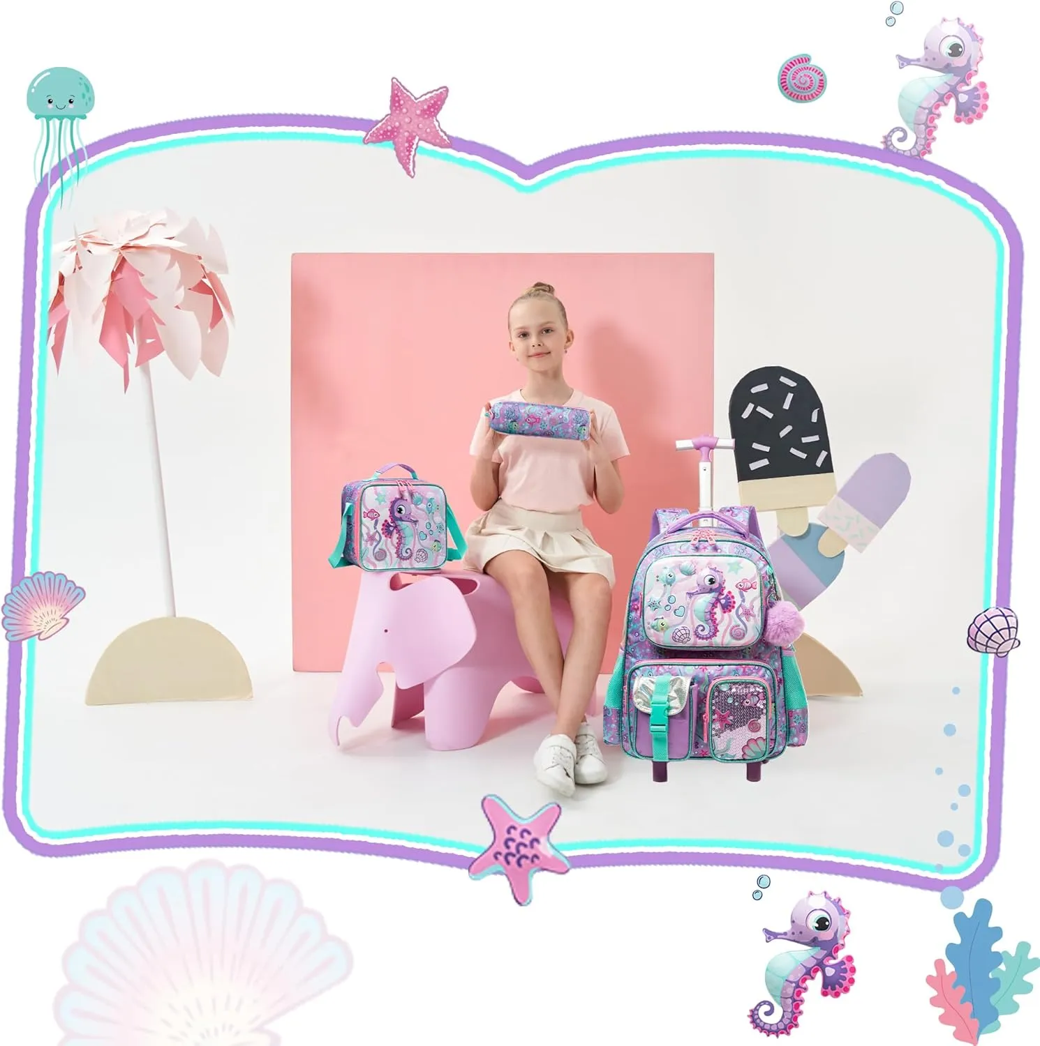 Meetbelify Kids Rolling Backpack with Wheels for Girls Rolling Backpacks with Lunch Box for Elementary School Students 3 in 1 Travel Luggage Suitcase for Girls Age 8-10