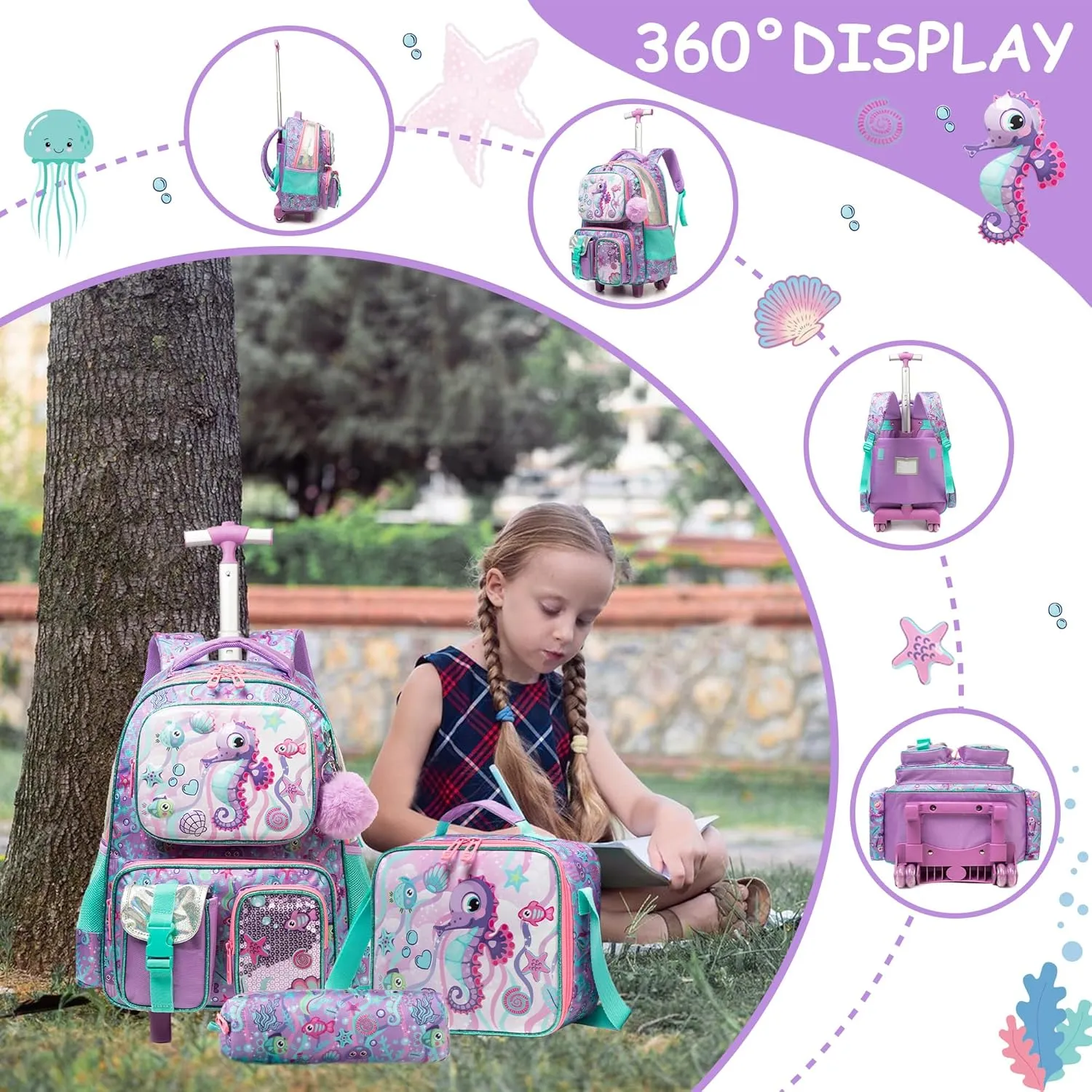 Meetbelify Kids Rolling Backpack with Wheels for Girls Rolling Backpacks with Lunch Box for Elementary School Students 3 in 1 Travel Luggage Suitcase for Girls Age 8-10