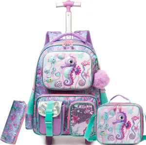 Meetbelify Kids Rolling Backpack with Wheels for Girls Rolling Backpacks with Lunch Box for Elementary School Students 3 in 1 Travel Luggage Suitcase for Girls Age 8-10