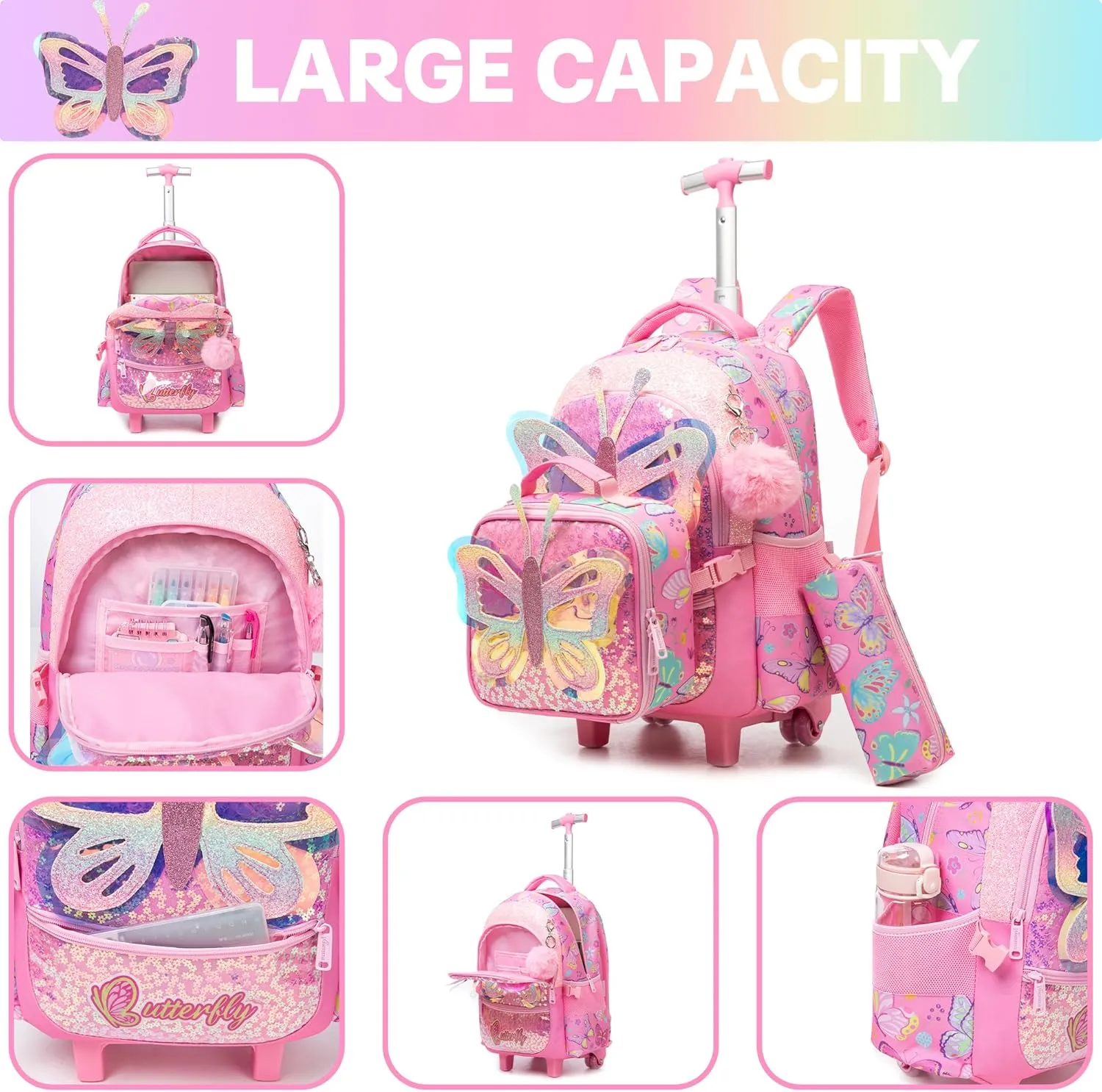 Meetbelify Rolling Backpack for Girls Backpacks with Wheels for Elementary Preschool Students 3 in 1 Carry on Travel Luggage Kids Suitcase with Lunch Box Pencil Case for Girls Age 8-10