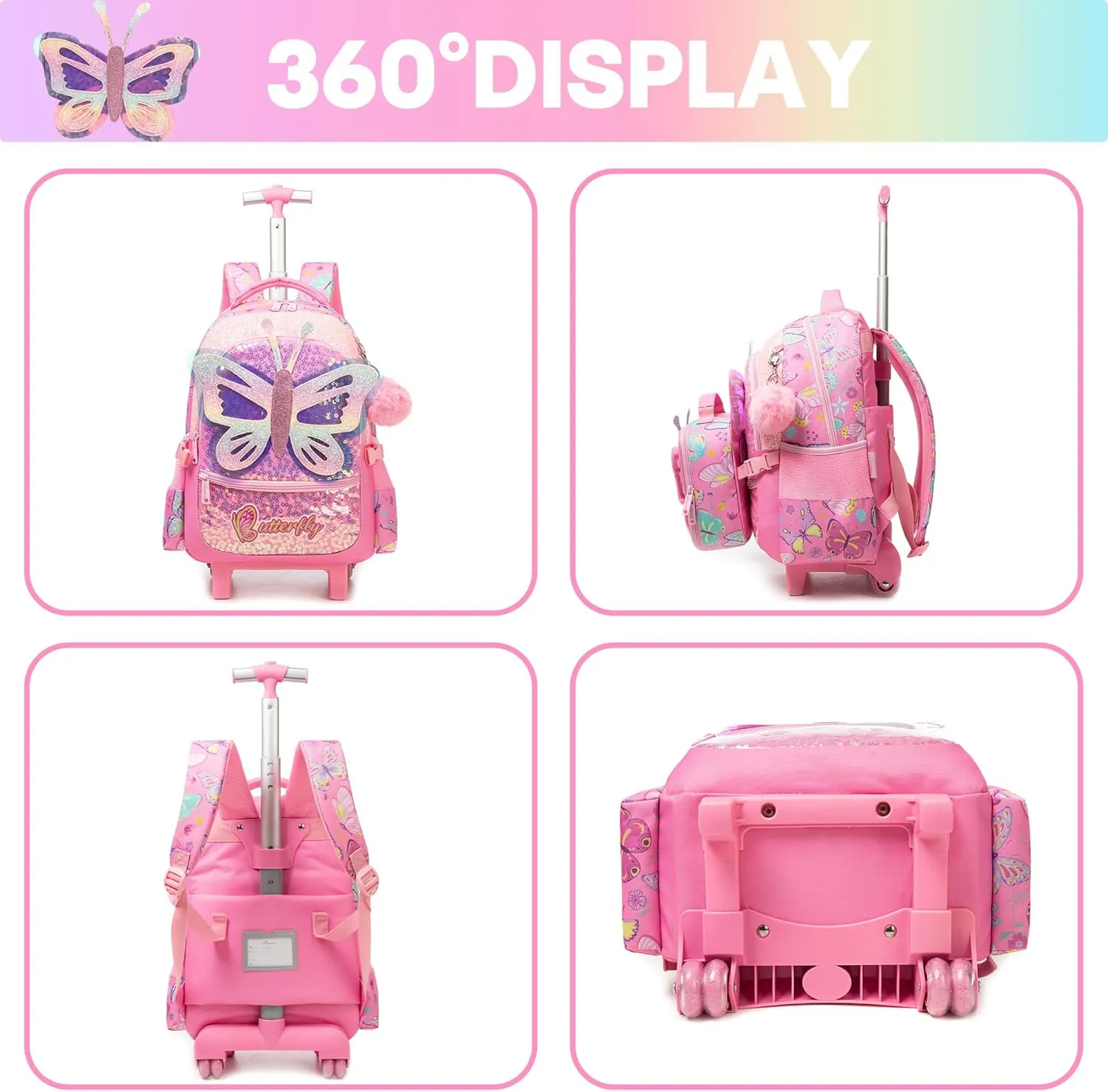 Meetbelify Rolling Backpack for Girls Backpacks with Wheels for Elementary Preschool Students 3 in 1 Carry on Travel Luggage Kids Suitcase with Lunch Box Pencil Case for Girls Age 8-10