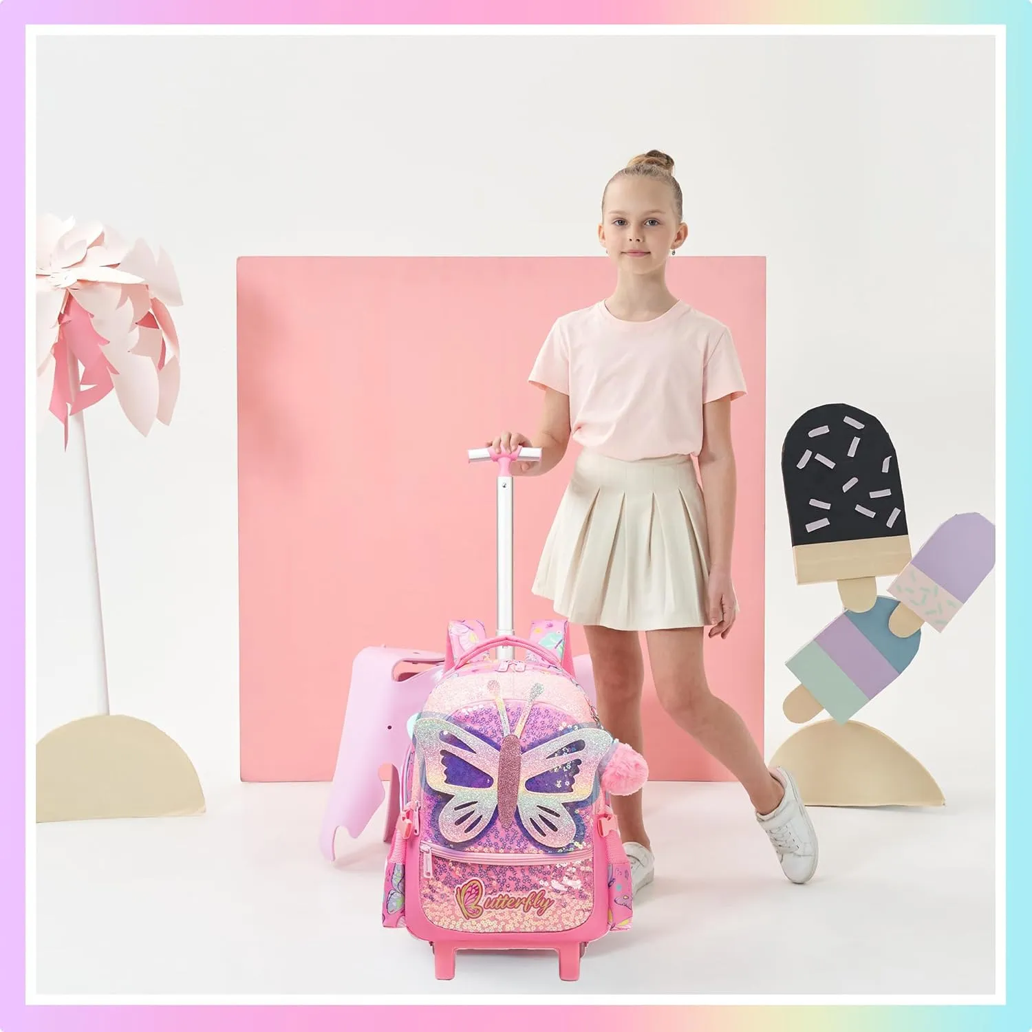 Meetbelify Rolling Backpack for Girls Backpacks with Wheels for Elementary Preschool Students 3 in 1 Carry on Travel Luggage Kids Suitcase with Lunch Box Pencil Case for Girls Age 8-10
