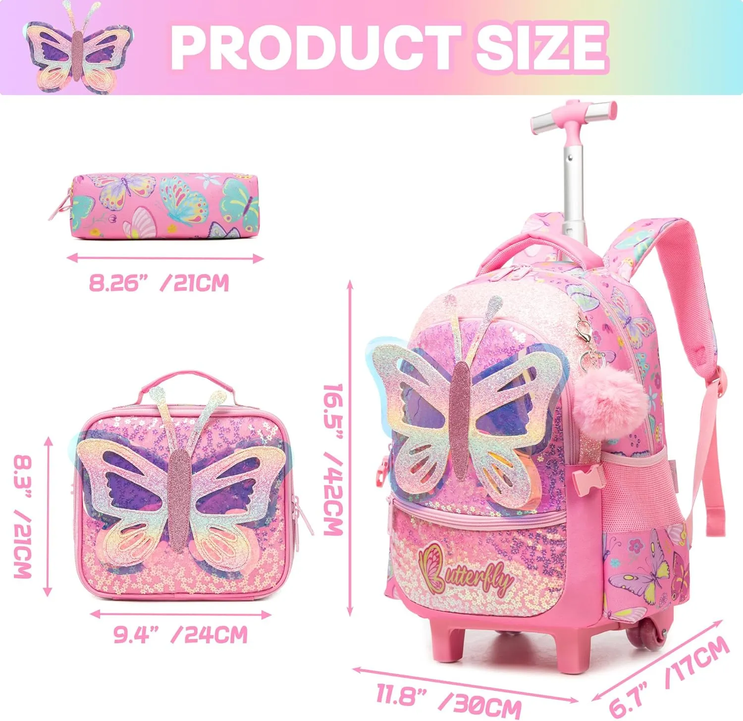 Meetbelify Rolling Backpack for Girls Backpacks with Wheels for Elementary Preschool Students 3 in 1 Carry on Travel Luggage Kids Suitcase with Lunch Box Pencil Case for Girls Age 8-10