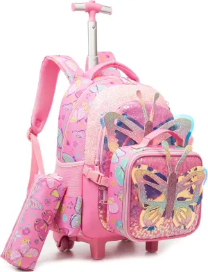 Meetbelify Rolling Backpack for Girls Backpacks with Wheels for Elementary Preschool Students 3 in 1 Carry on Travel Luggage Kids Suitcase with Lunch Box Pencil Case for Girls Age 8-10